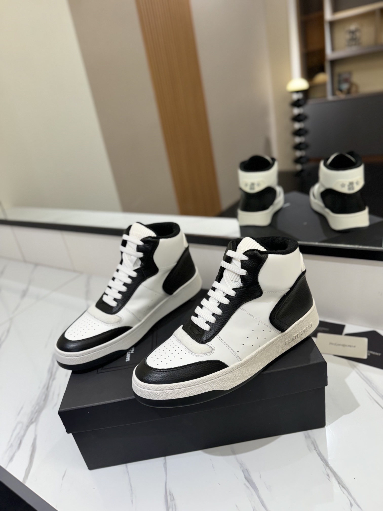 YSL SL61 Leather High-Top Sneakers Black White