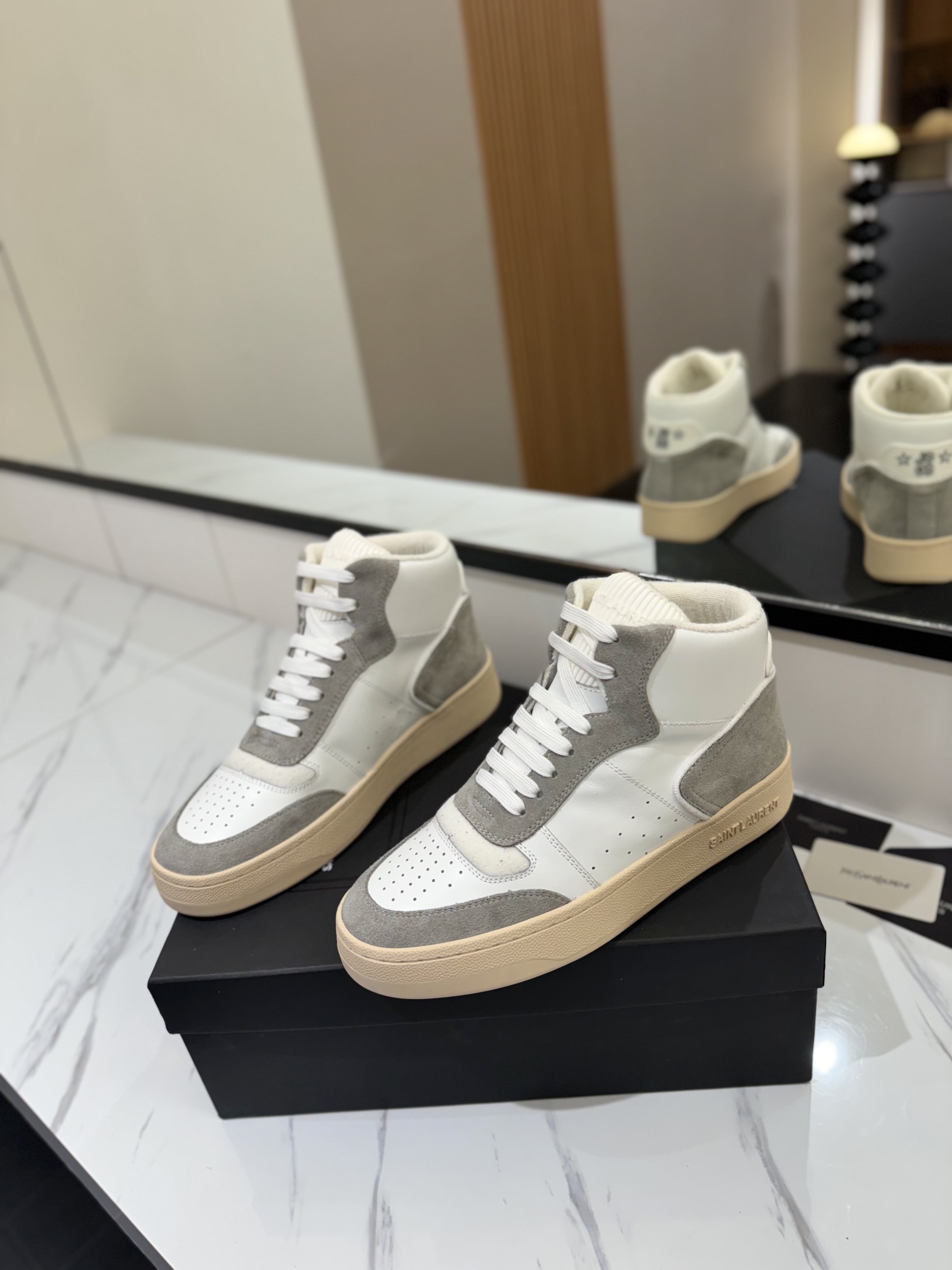 Saint Laurent SL61 Leather High-Top Sneakers White/Grey