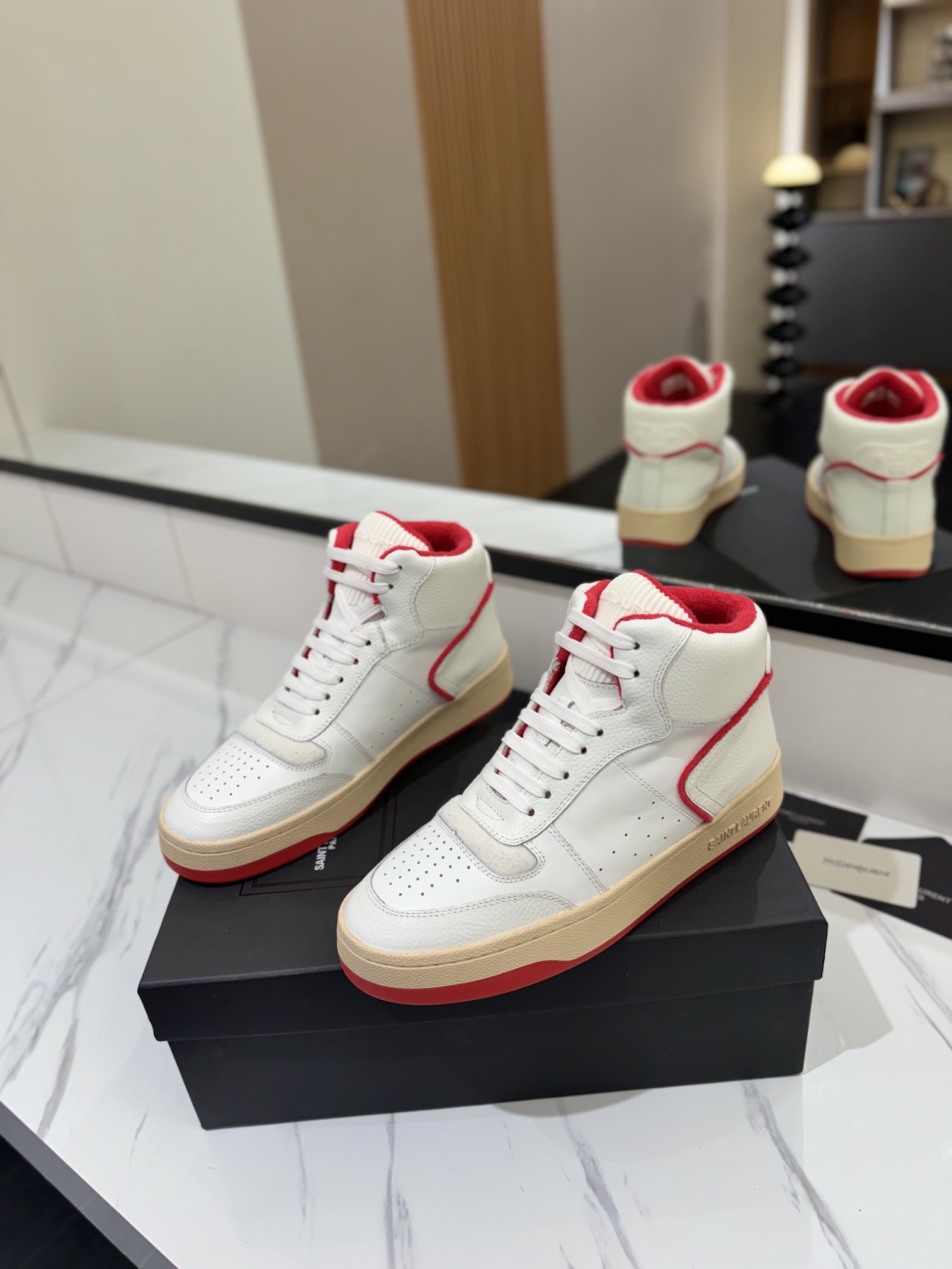 YSL SL61 Leather High-Top Sneakers White/Red