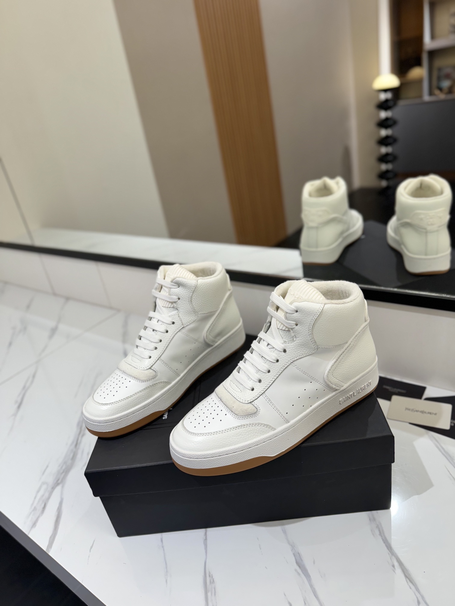 YSL SL61 Leather High-Top Sneakers White