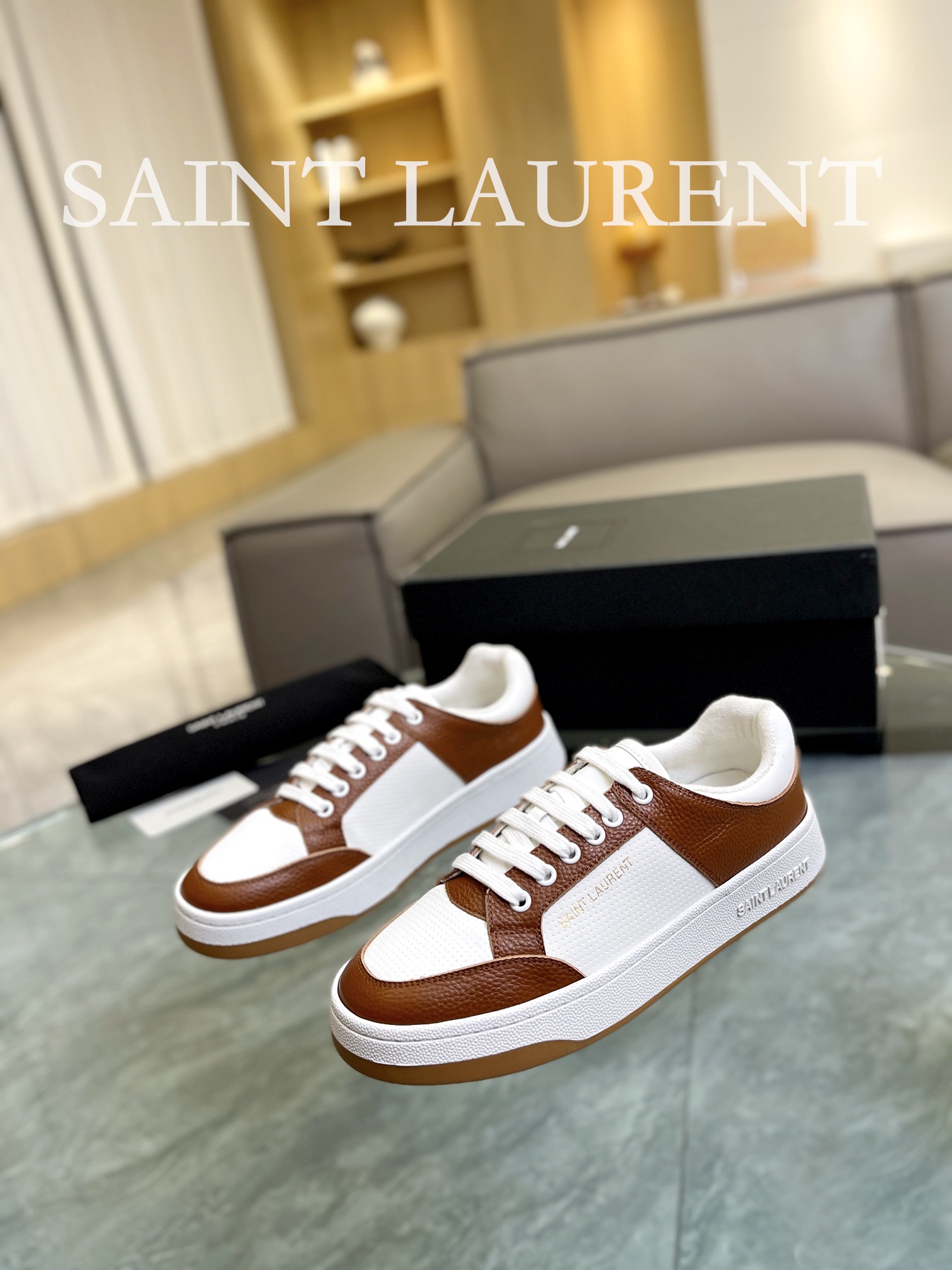 YSL SL61 Leather Sneakers Brown/White