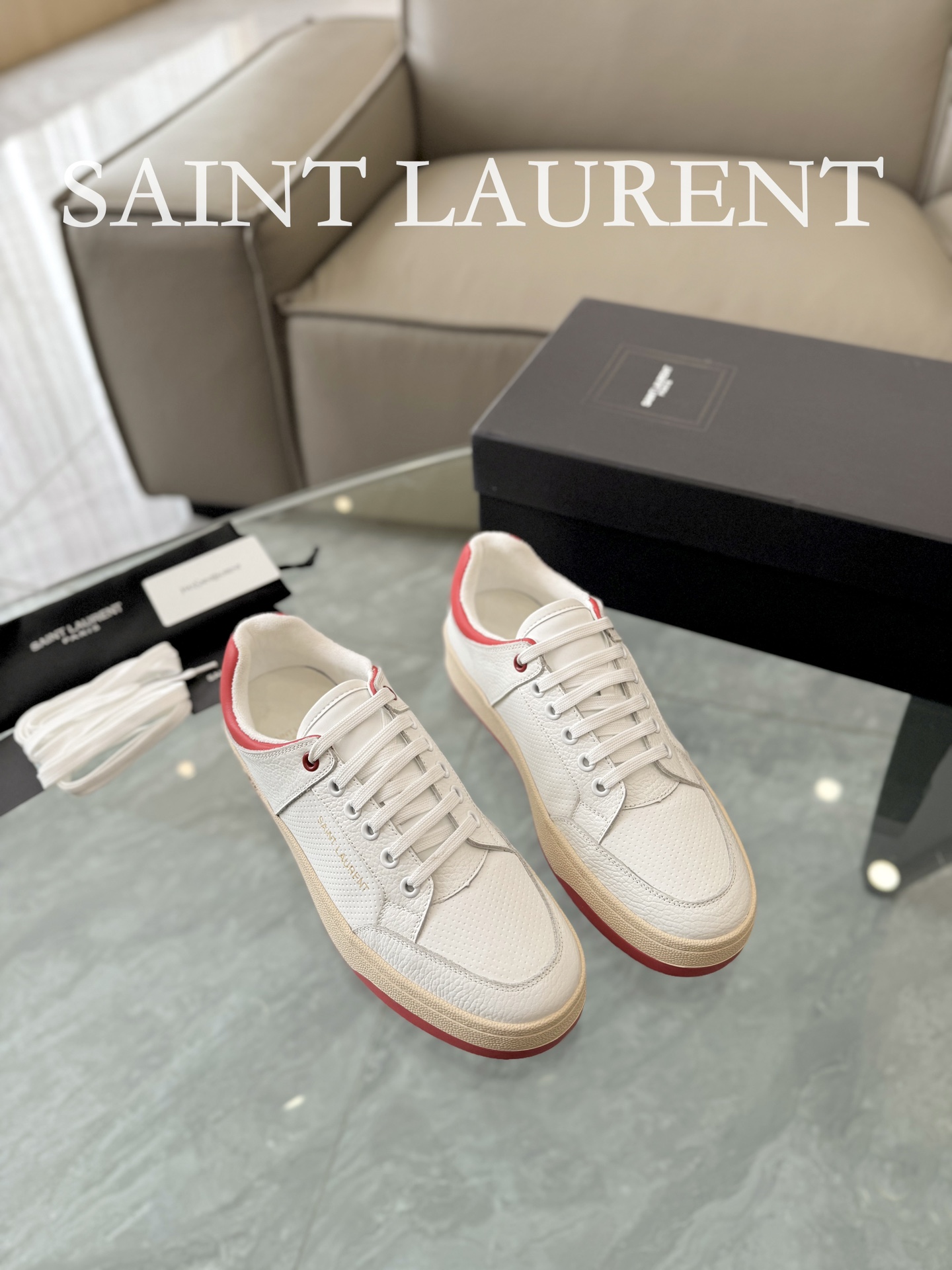 YSL SL61 Leather Low-Top Sneakers White/Red