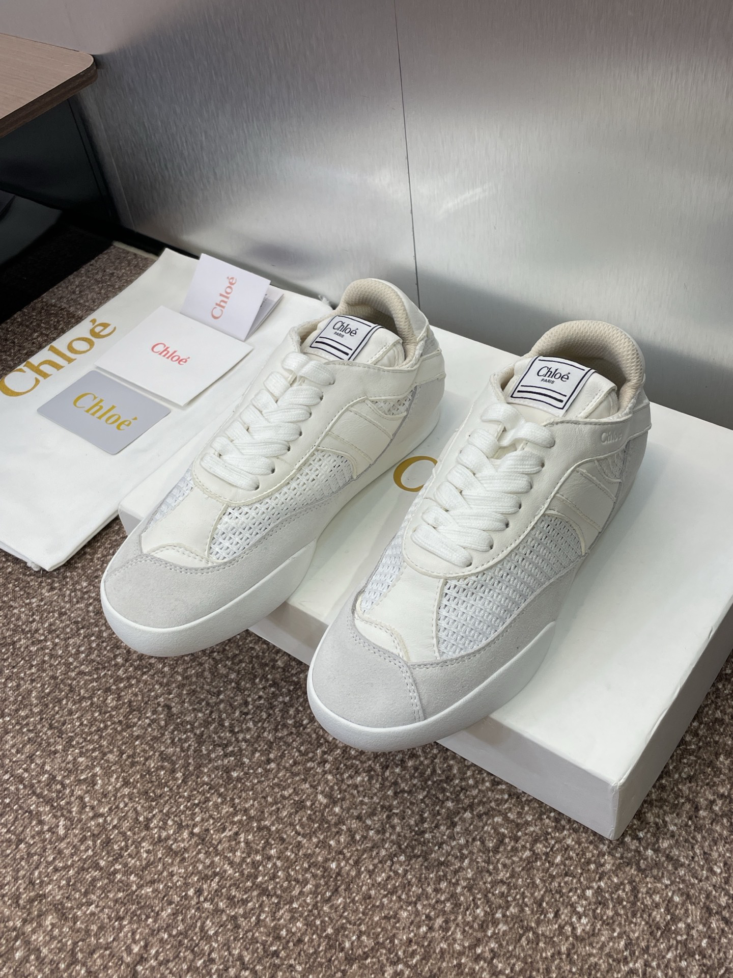 Chloe Leather Mesh Retro Sneakers White