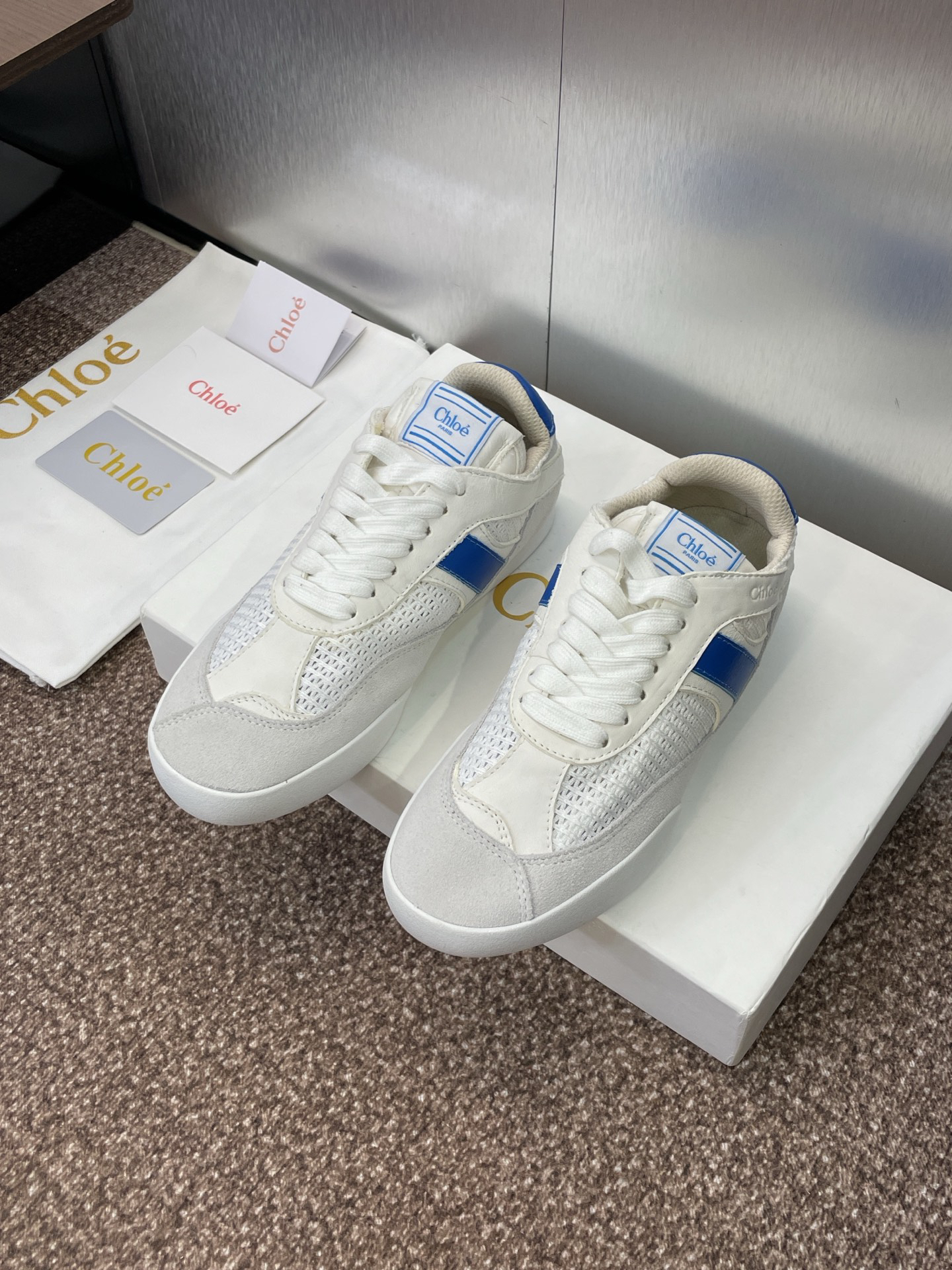 Chloe Leather Mesh Retro Sneaker White/Blue