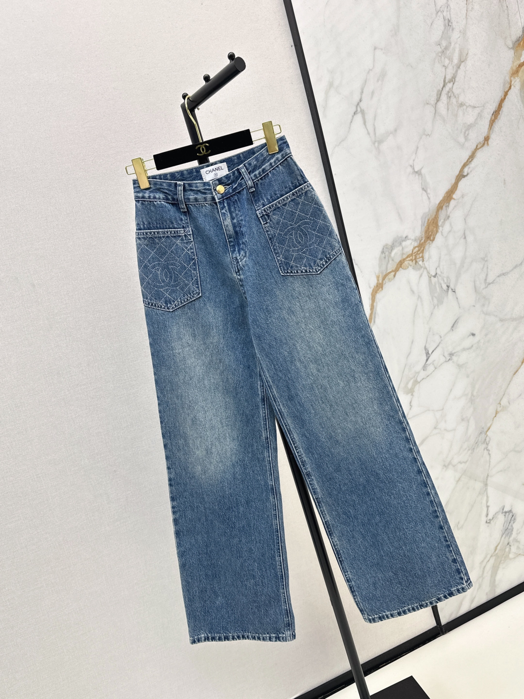Chanel Logo Quilted Straight Jeans Blue