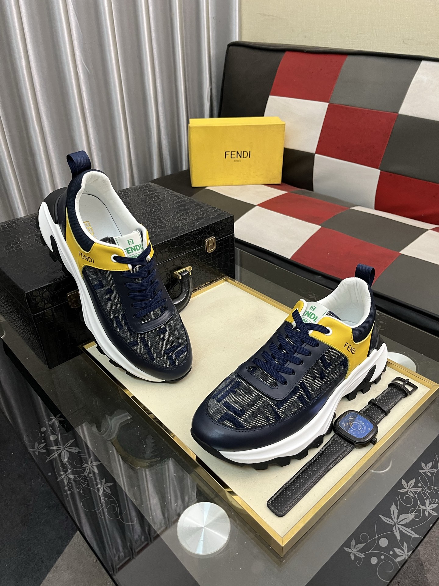 Fendi Leather Chunky Sneakers Navy/Yellow