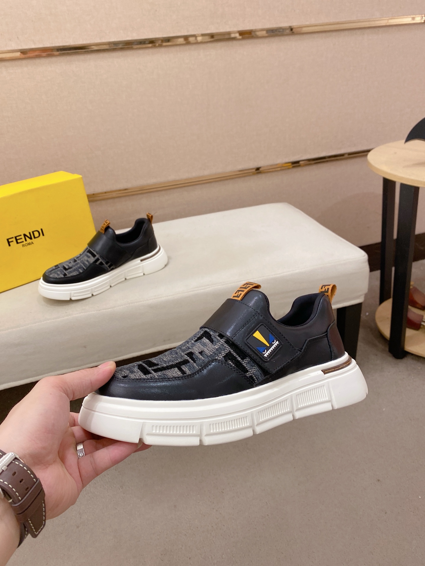 Fendi Leather Knit Slip-On Sneaker Black