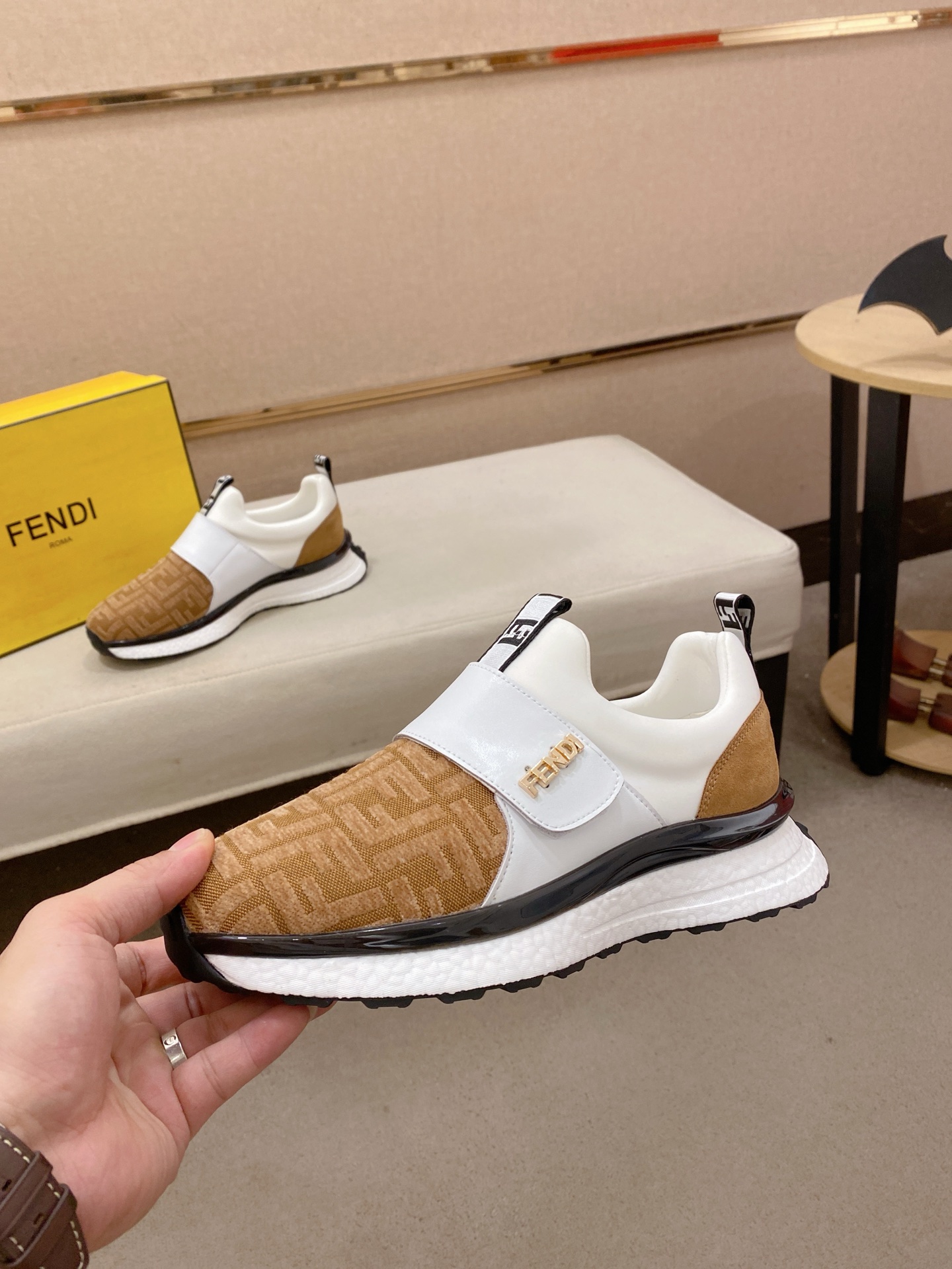 Fendi FF Slip-On Runner Sneakers Beige