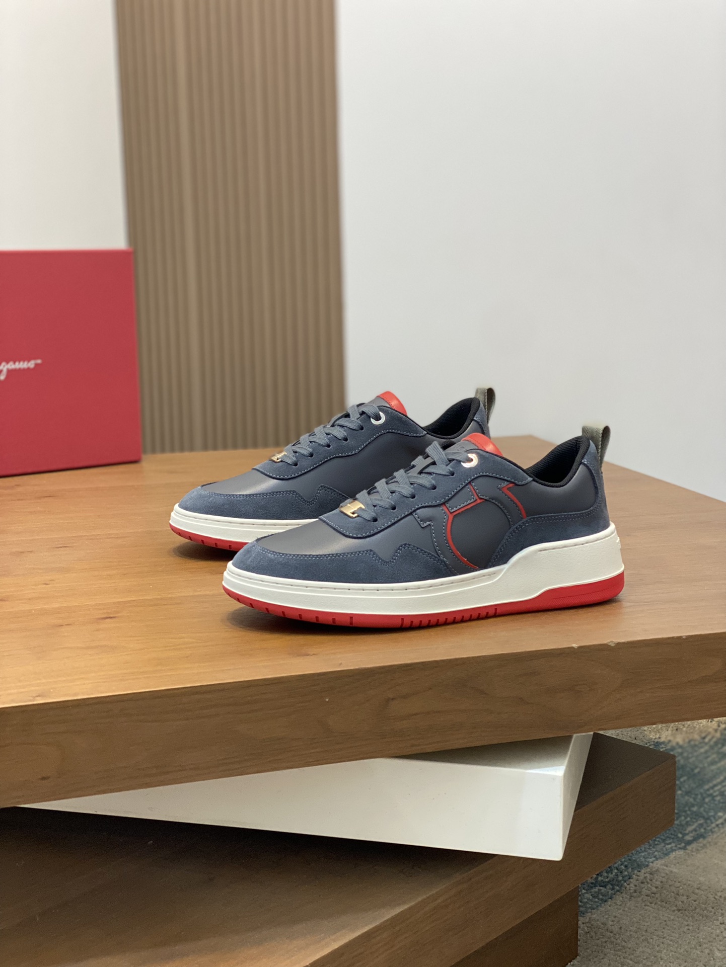 Ferragamo Nappa Leather Logo Sneakers Navy Red