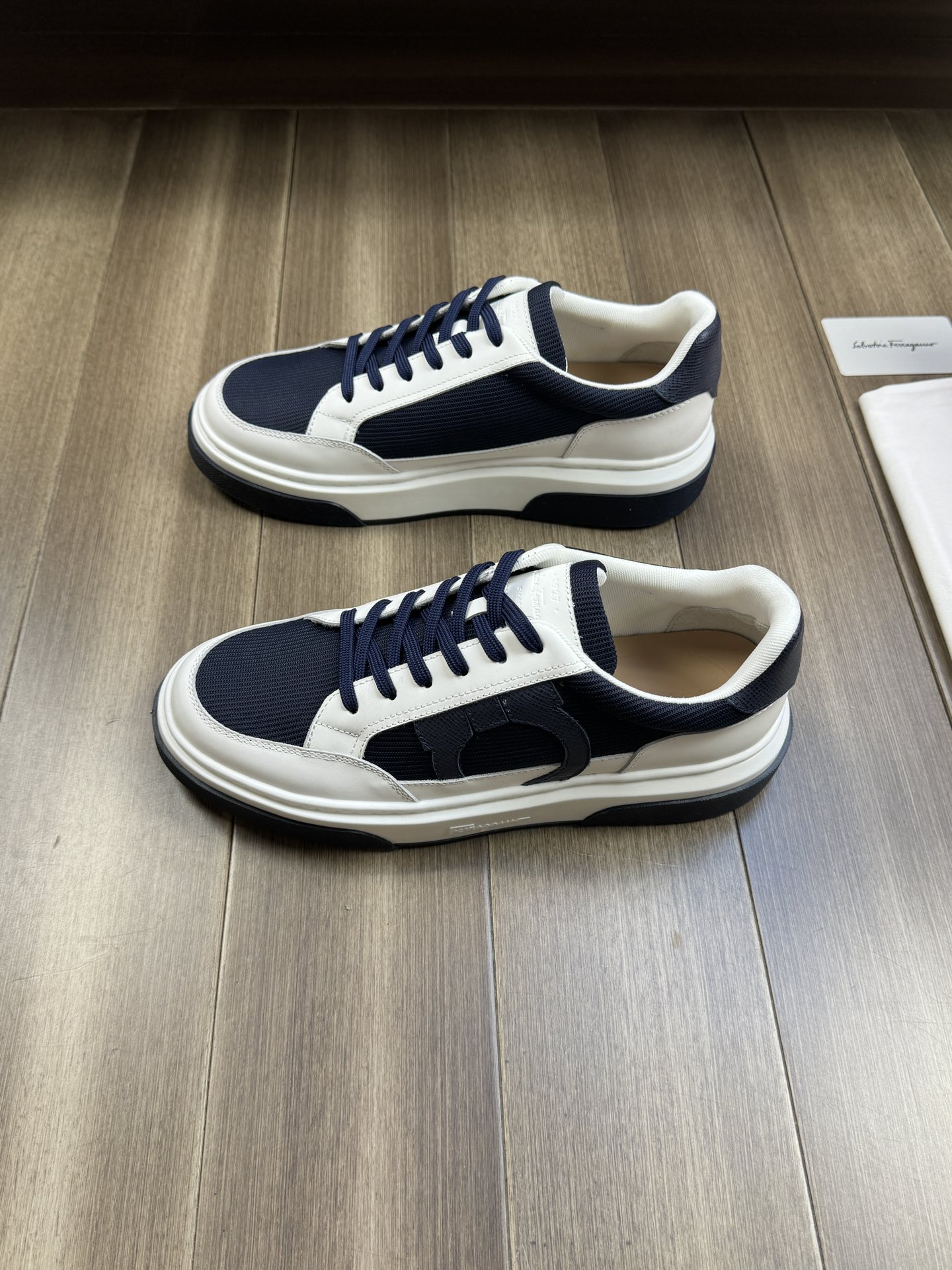 Ferragamo Logo Canvas Low-Top Sneakers Navy/White