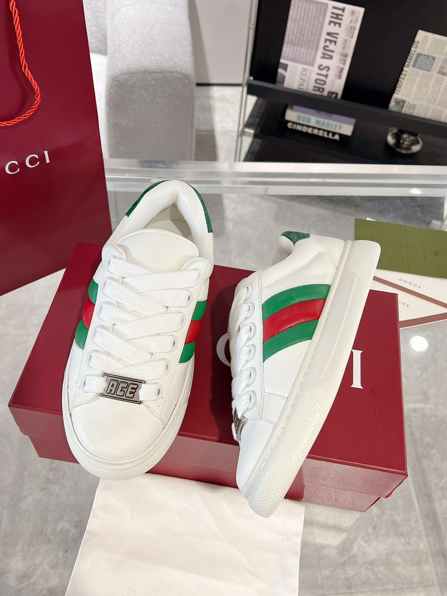 Gucci Ace Thick-Sole Sneakers White Green Red