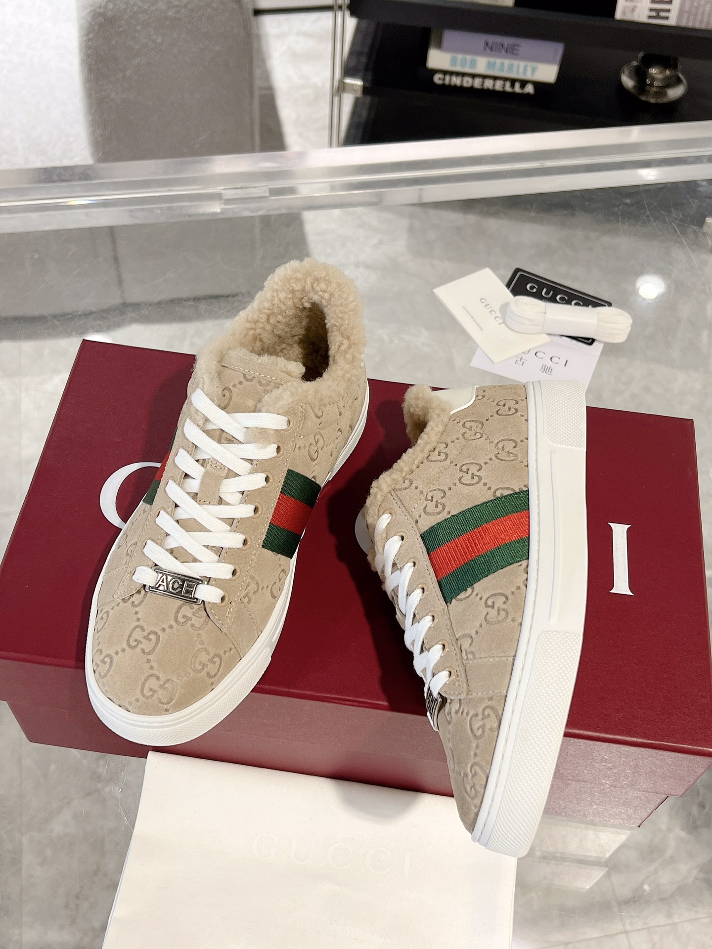 Gucci Ace GG Suede Shearling Sneakers Beige