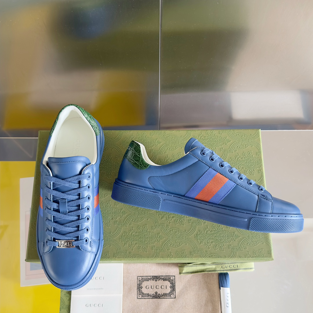 Gucci Ace Leather Low-Top Sneakers Blue