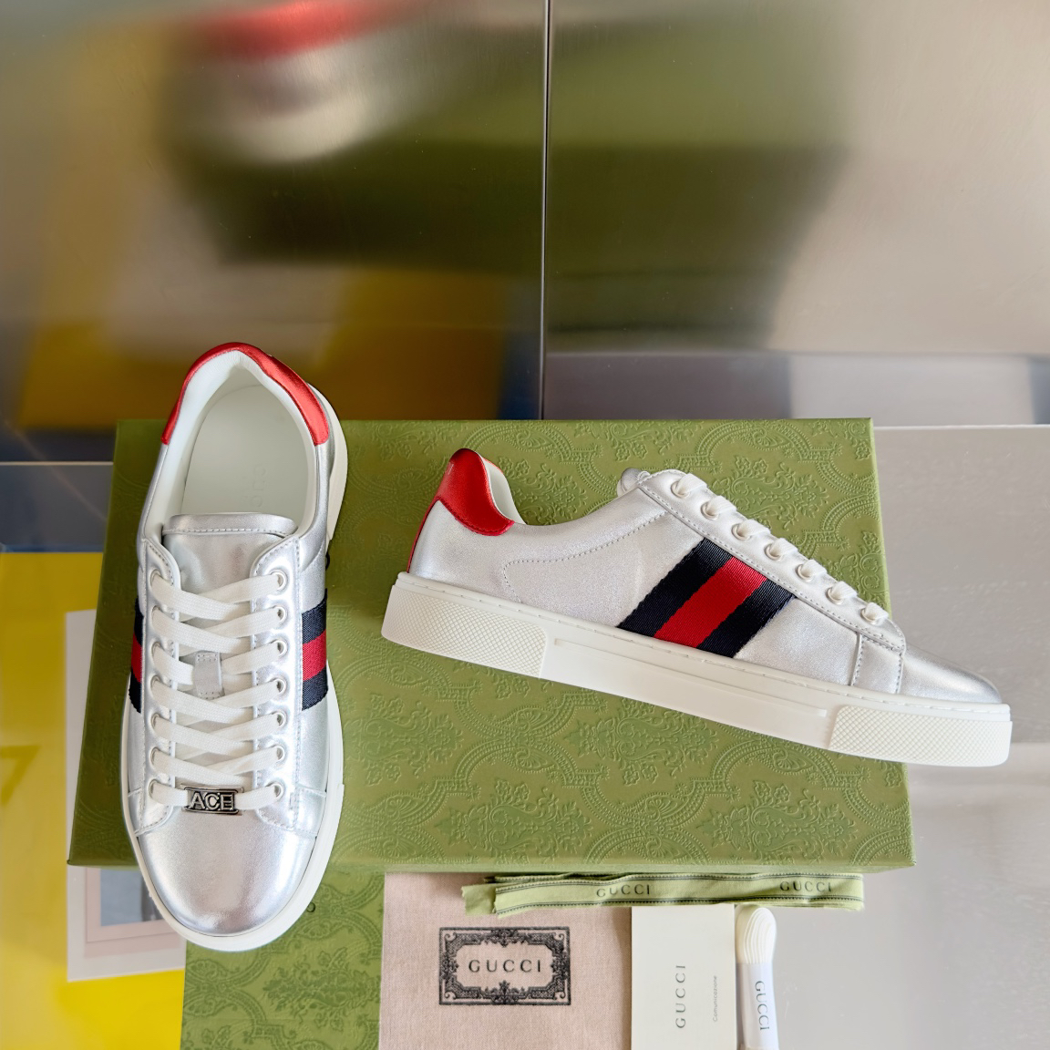 Gucci Ace Leather Sneakers Silver