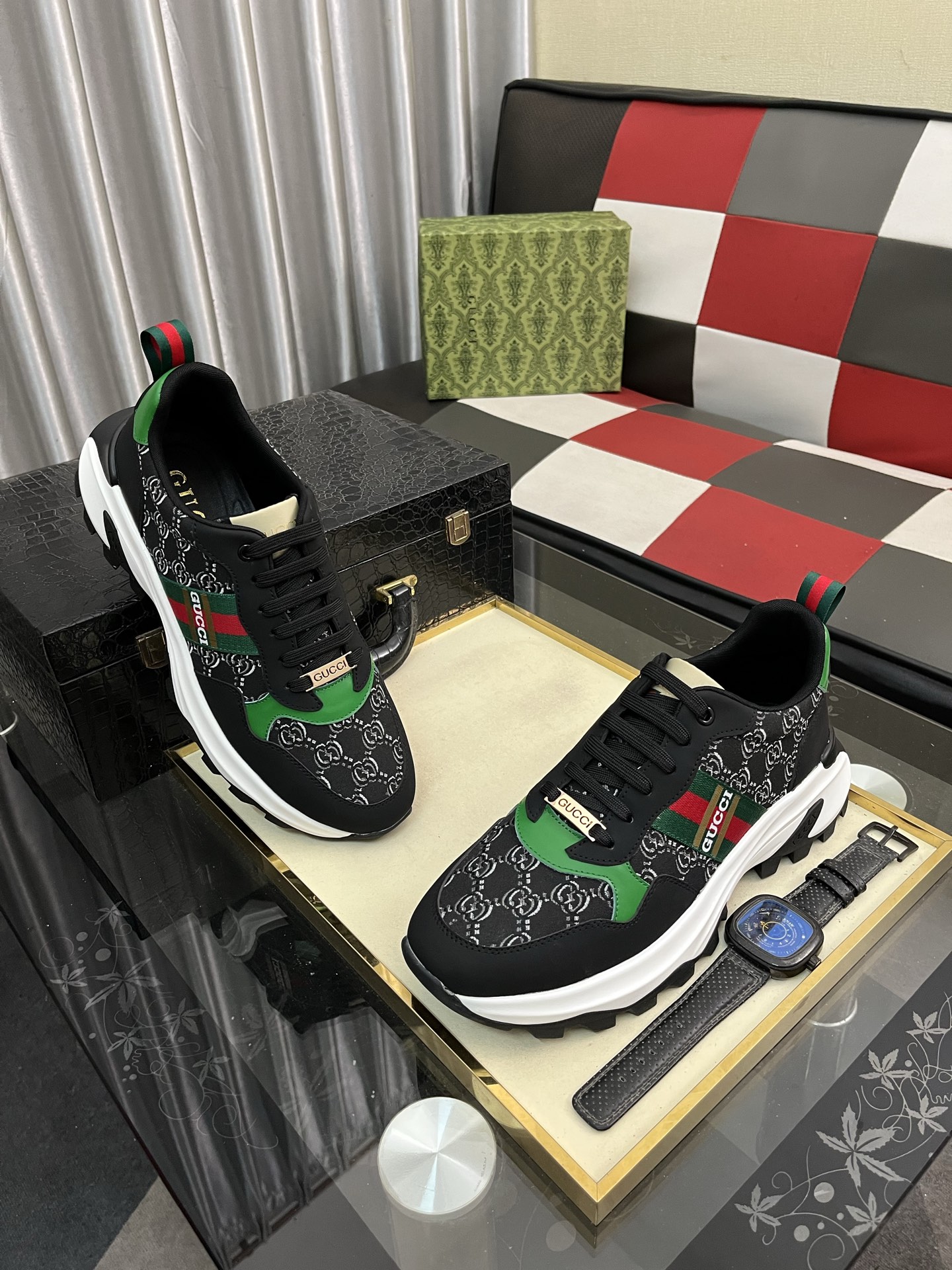 Gucci Web Stripe GG Sneakers Black/Green/Red