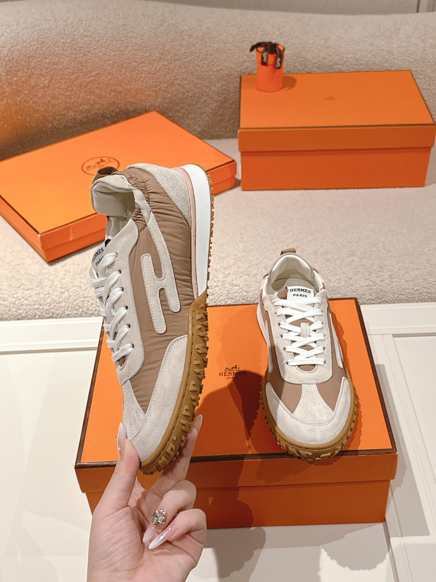 Hermes H Suede Sport Sneakers Tan/White