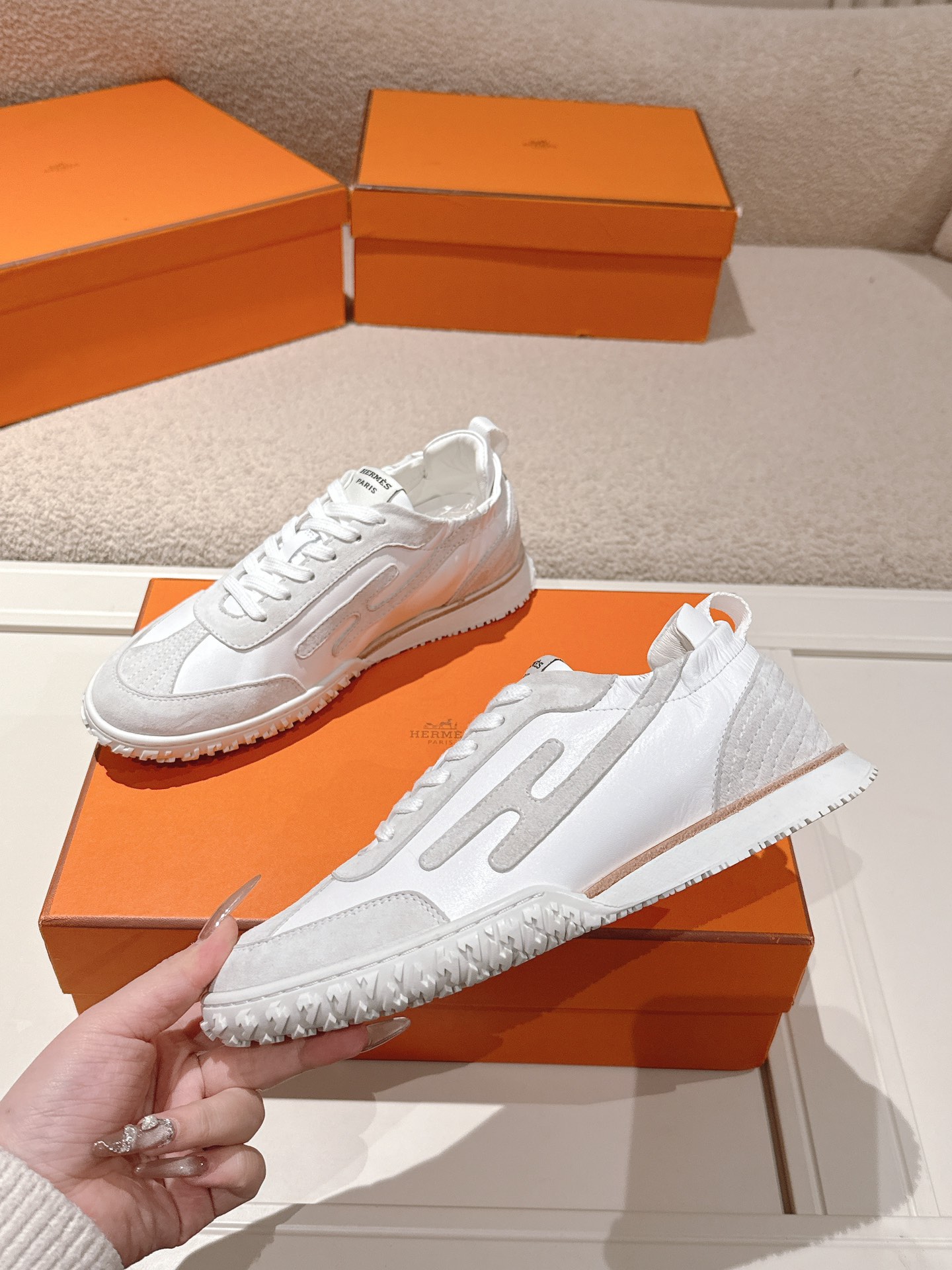 Hermes Suede Leather H Sneaker White