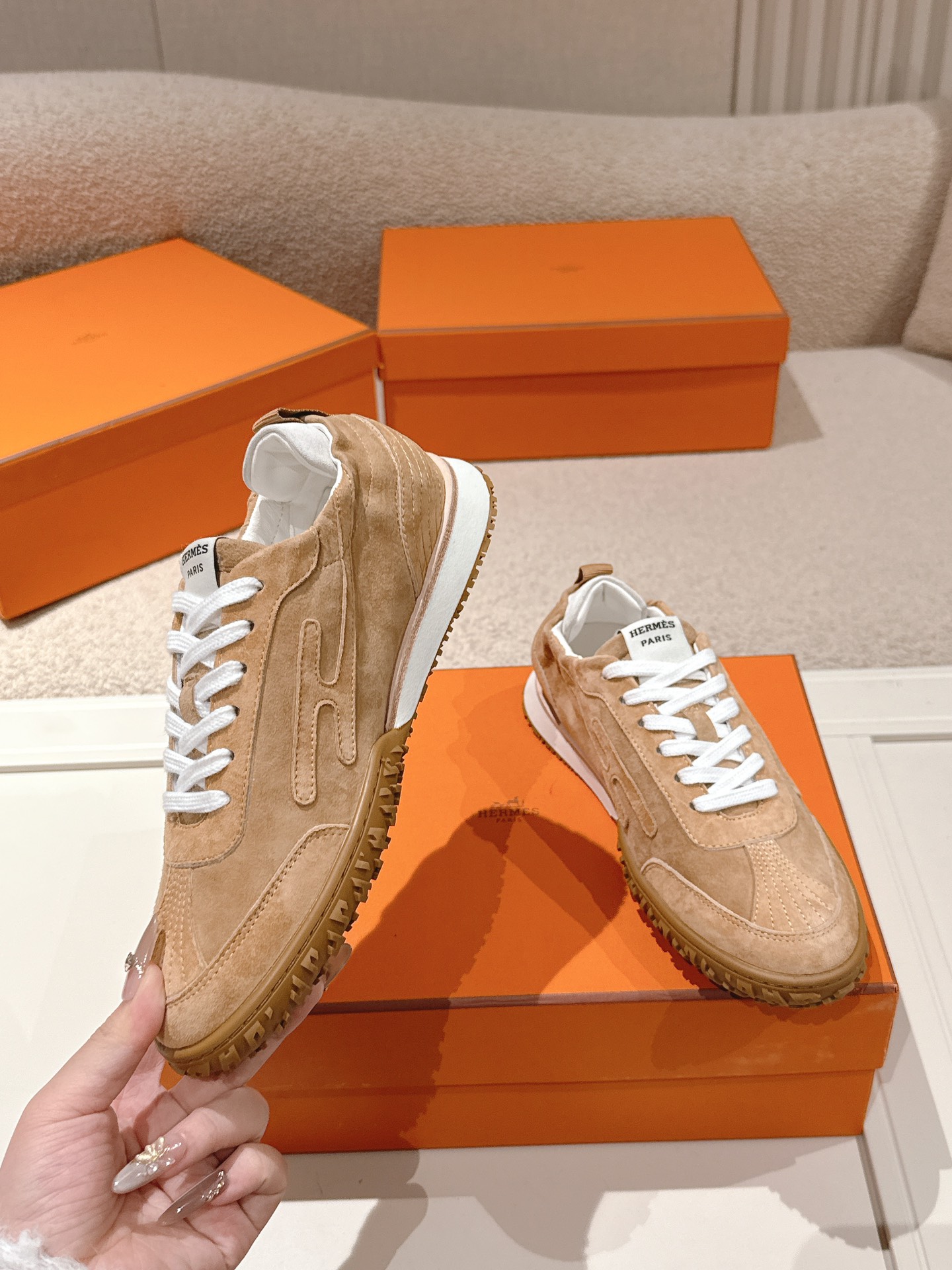 Hermes Suede H Sneakers Tan