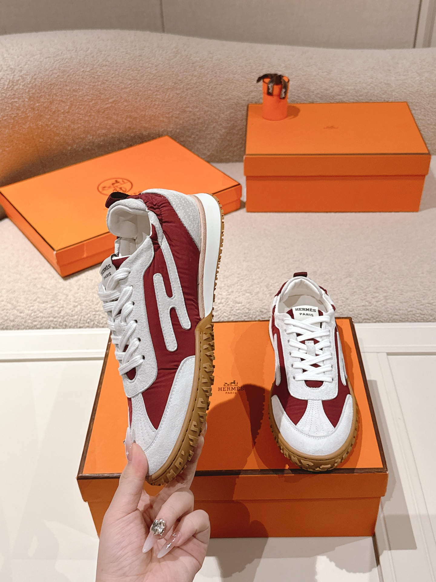 Hermes Suede H-Detail Sneakers Red/White