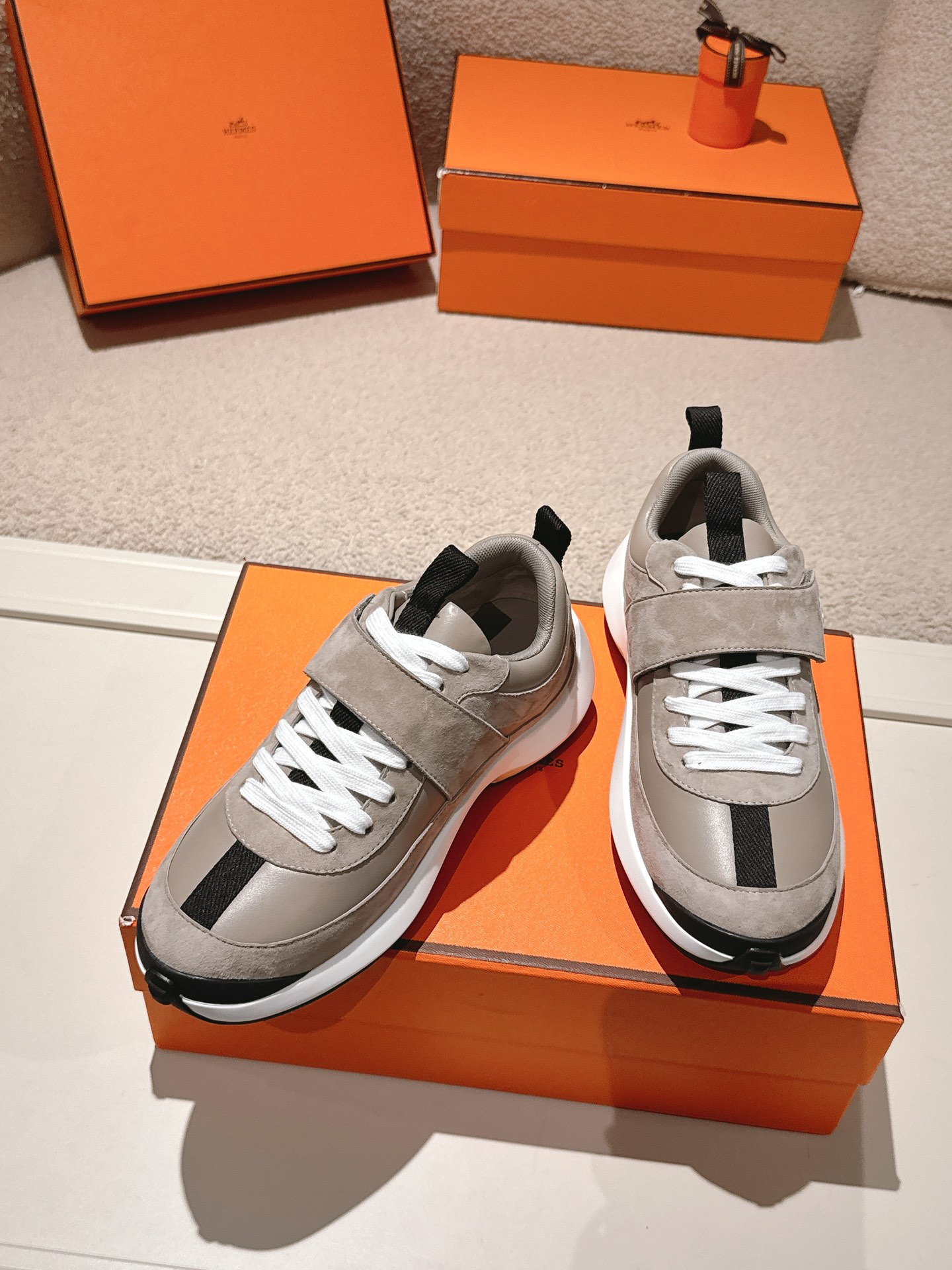 Hermes Leather Suede Sneakers Gray