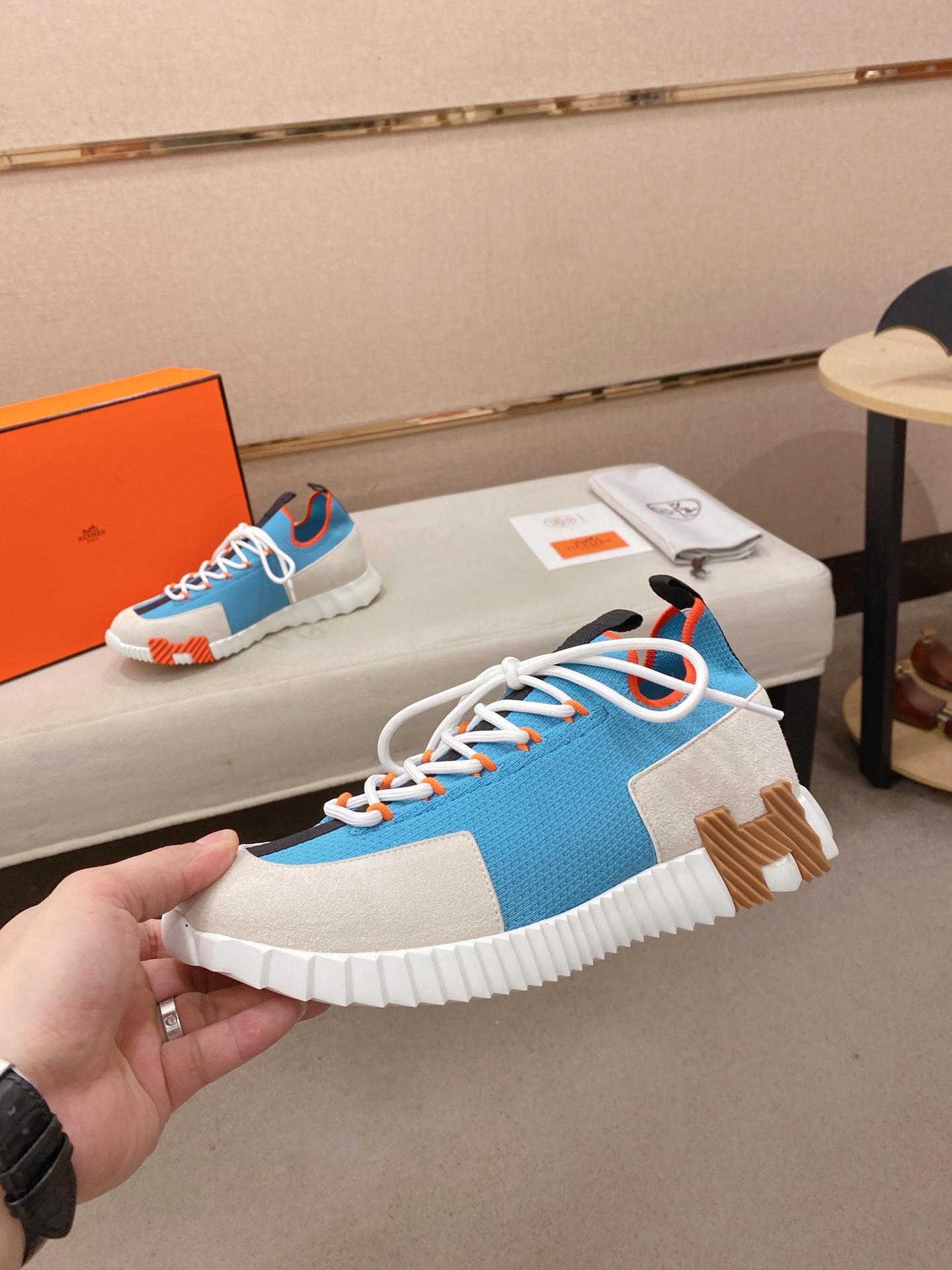Hermes Knit Low-Top Sneakers Blue