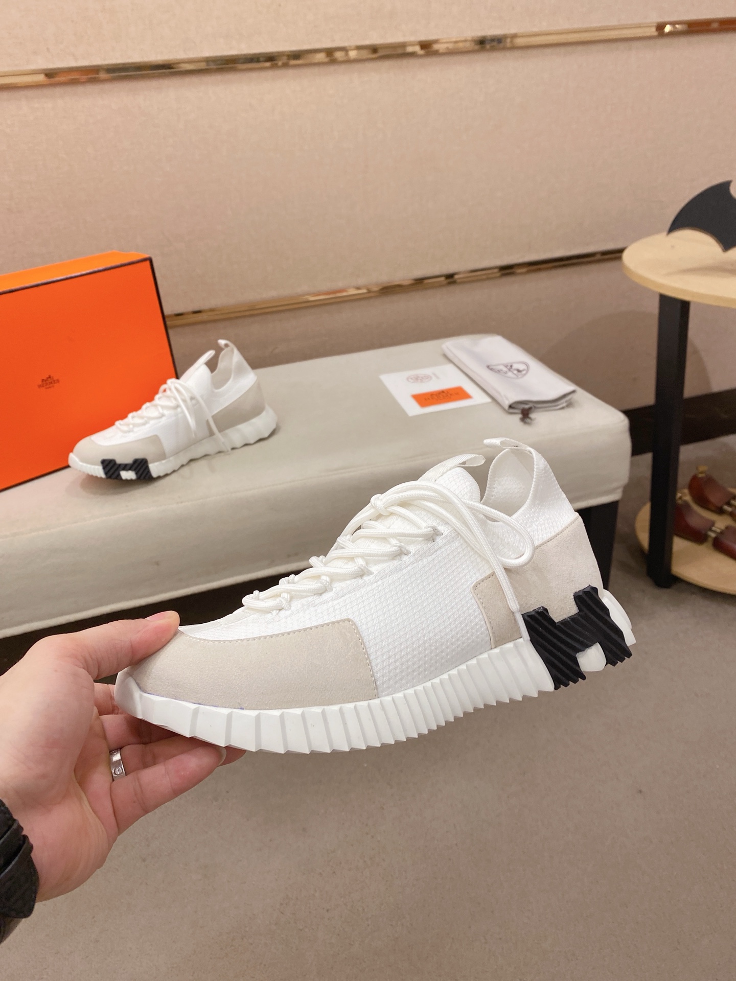 Hermes Knit Suede Sneakers White