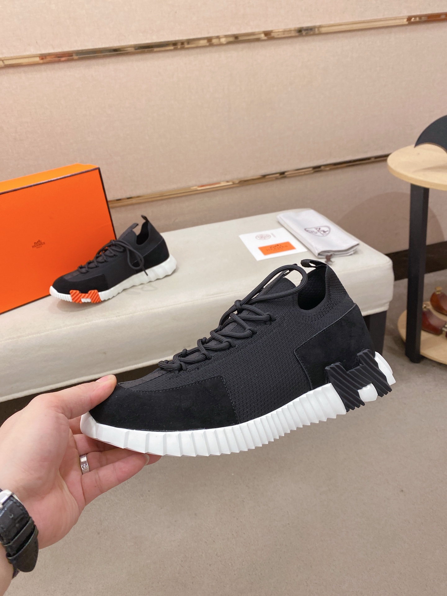 Hermes Knit Leather Sneakers Black