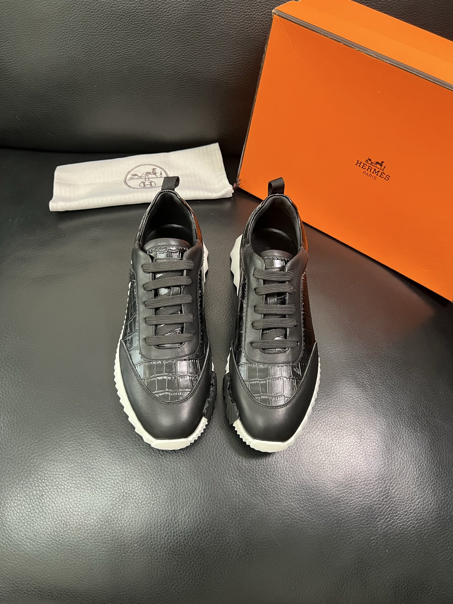 Hermes Croc-Embossed Sneakers Black