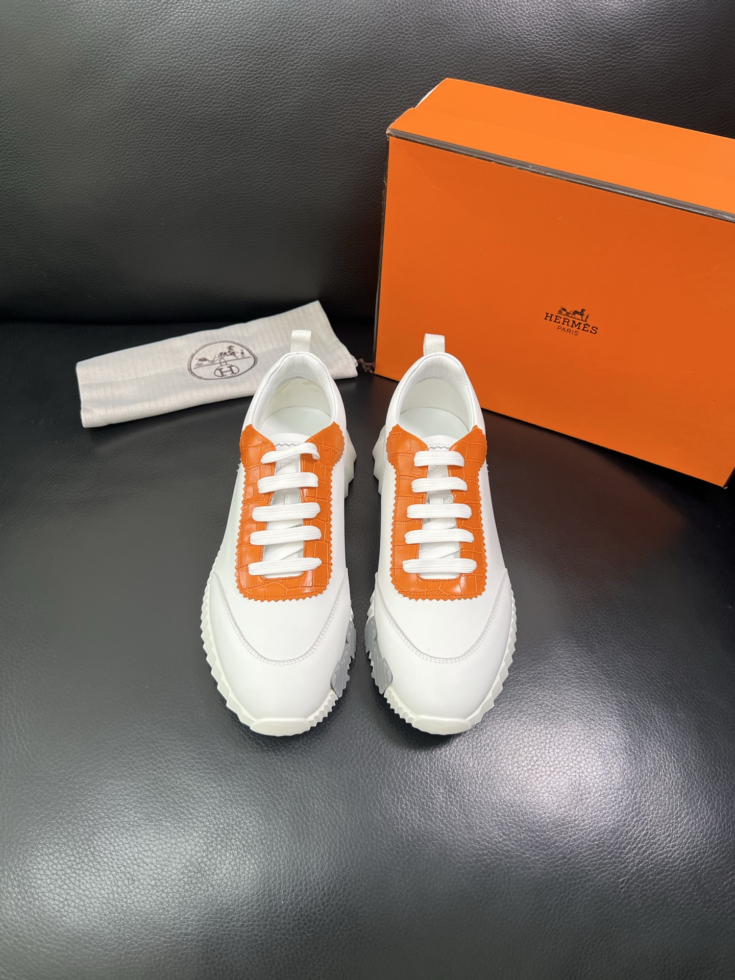 Hermes Leather Chunky Sneakers White/Orange