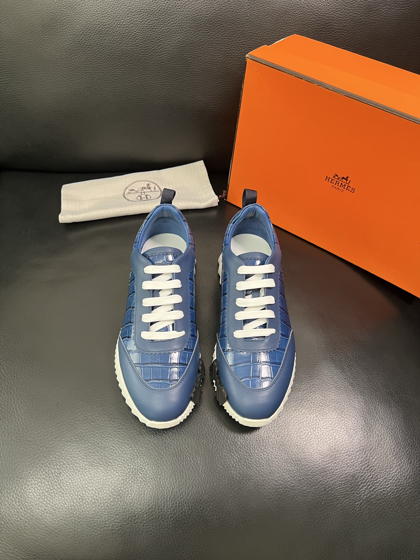 Hermes Croc-Embossed Leather Sneakers Blue