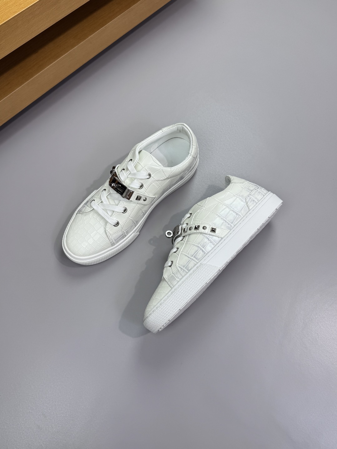 Hermes Croc-Embossed Leather Sneakers White