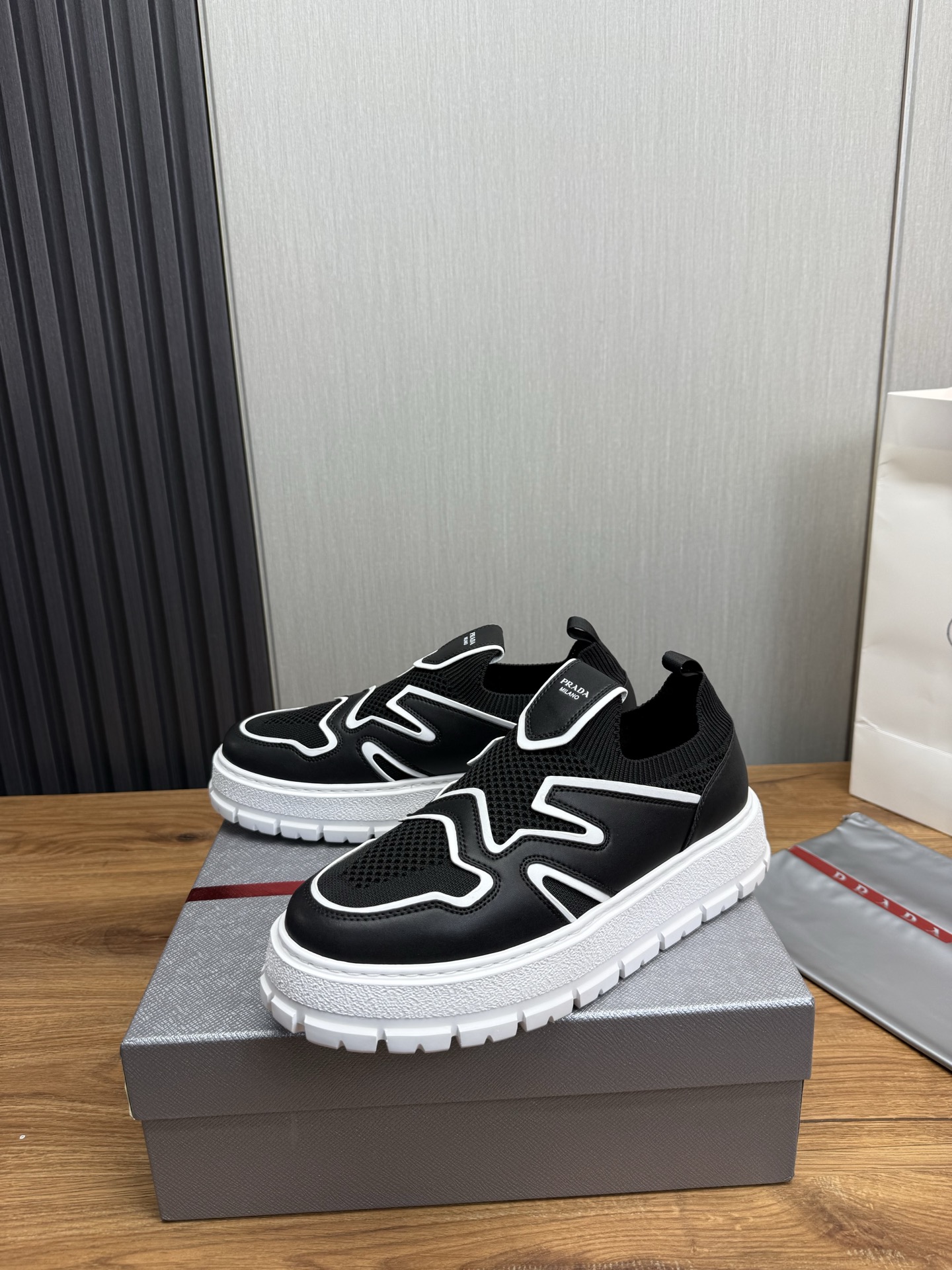 Prada Milano Mesh Slip-On Sneakers Black/White