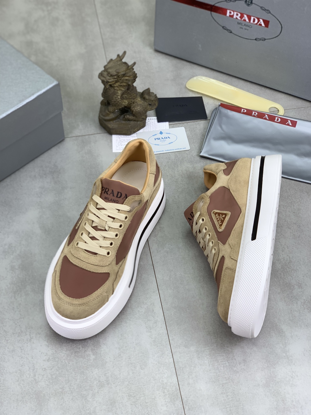 Prada Milano Leather Suede Low-Top Sneakers Khaki Brown