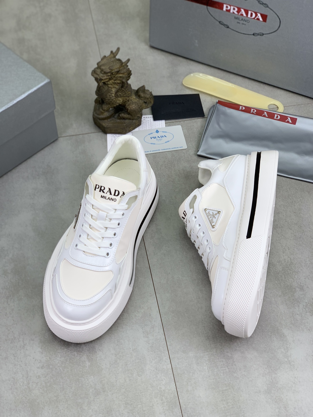 Prada Milano Leather Platform Sneakers White