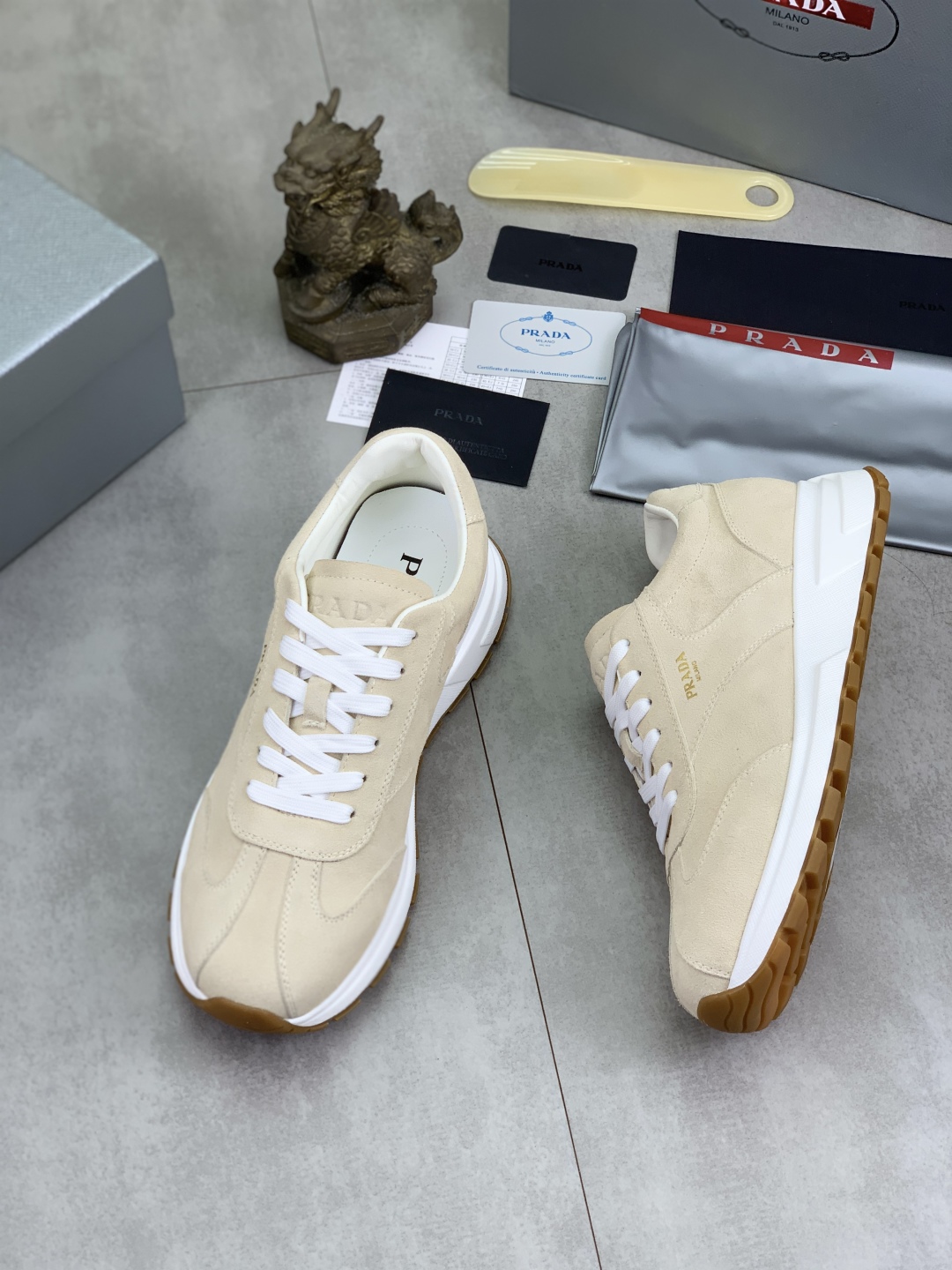 Prada Suede Calfskin Sneakers Beige