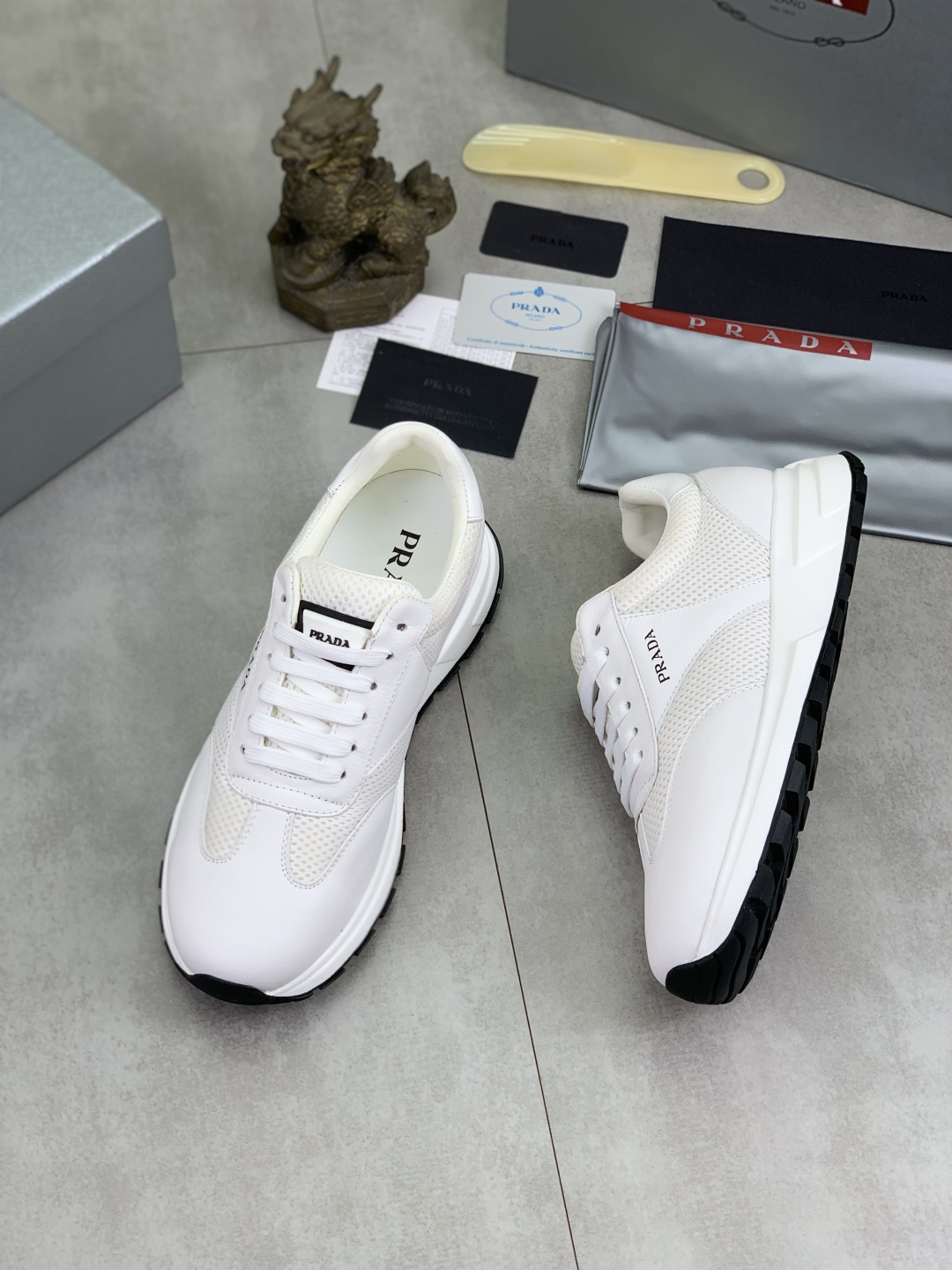 Prada Calf Leather Mesh Runner Sneakers White