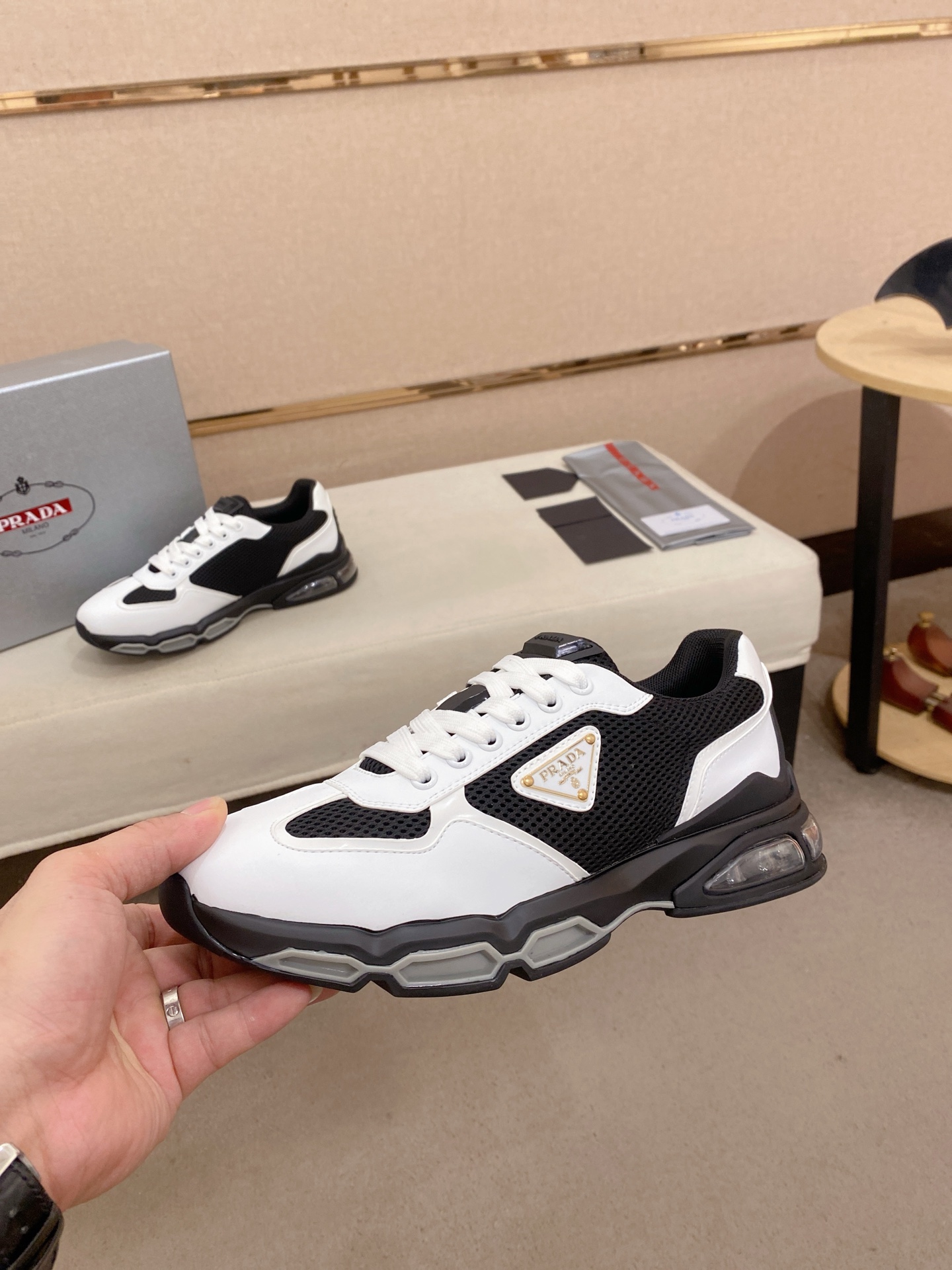 Prada Air-Cushion Mesh Sneakers Black/White