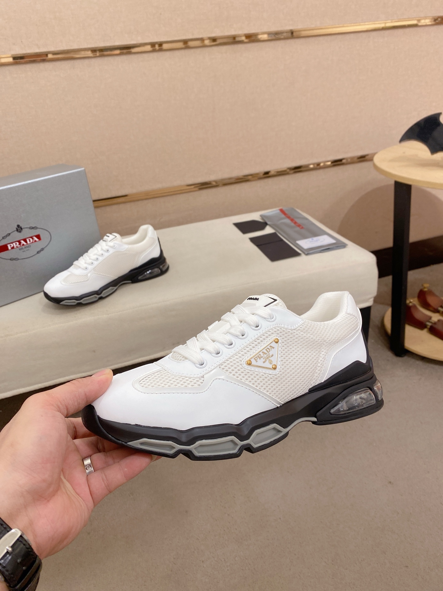 Prada Air-Cushion Mesh Sneakers White/Black