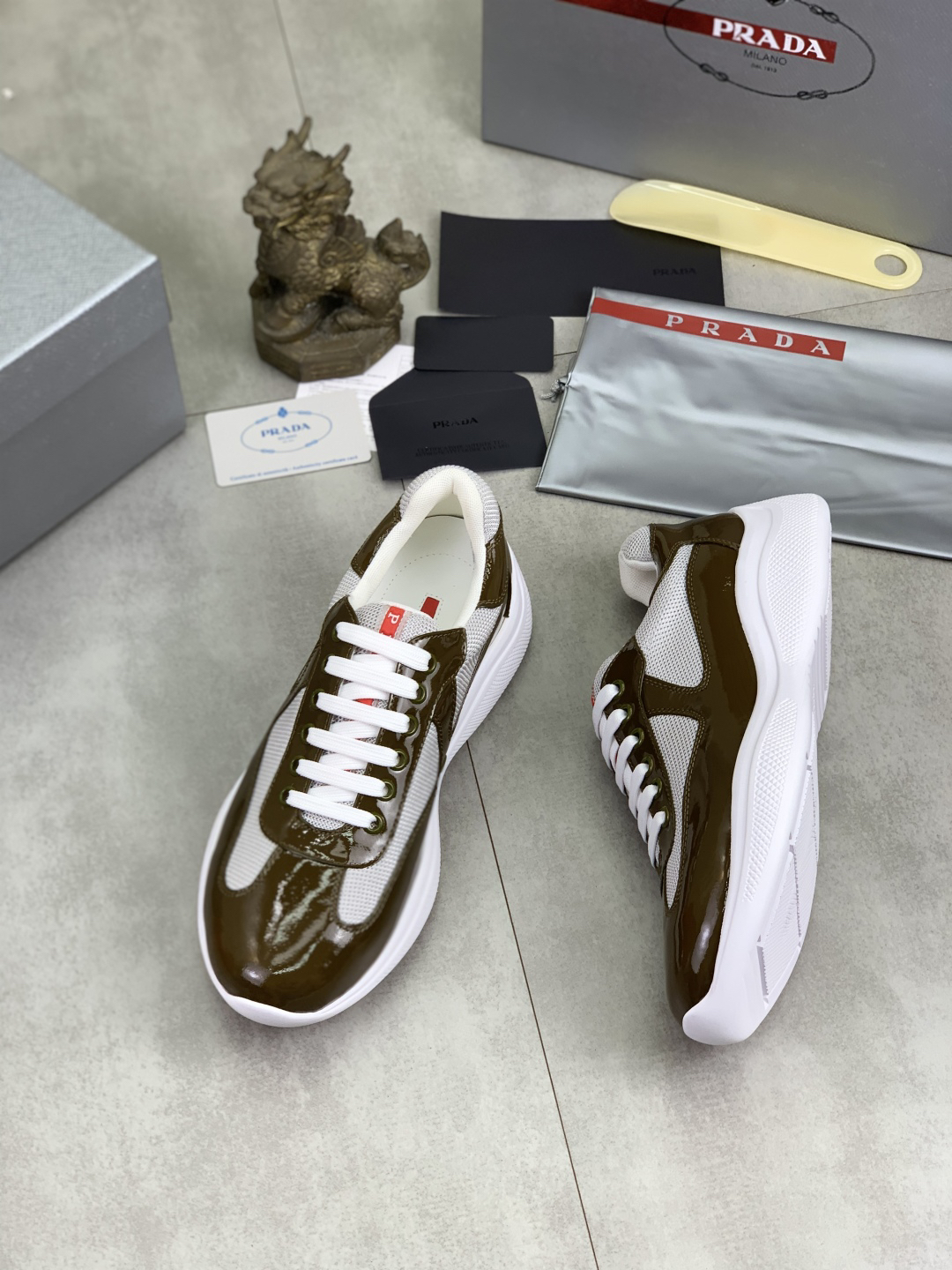 Prada Leather Mesh Sneakers Olive