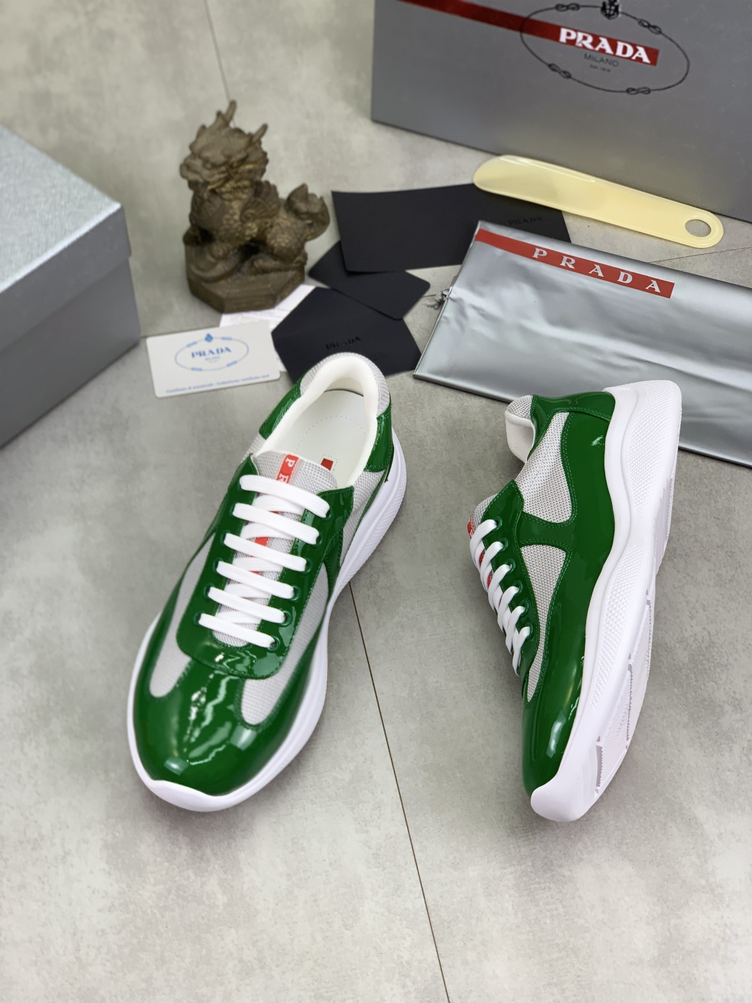 Prada Leather Mesh Low-Top Sneakers Green