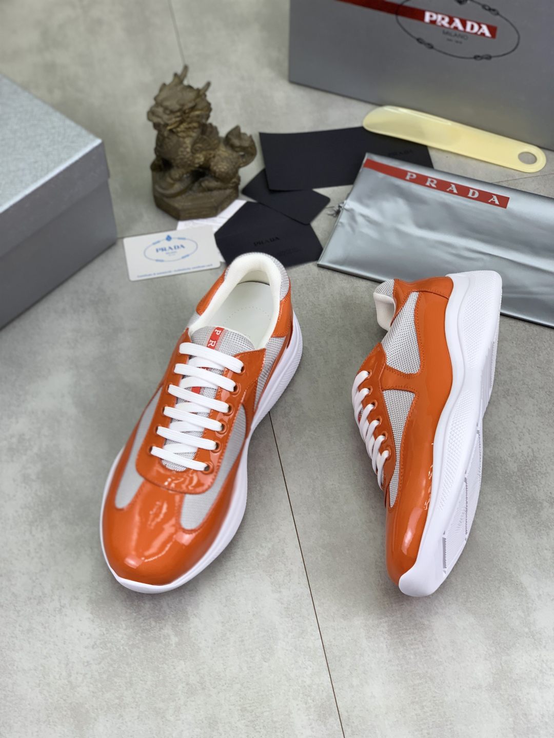 Prada Leather Mesh Sneakers Orange