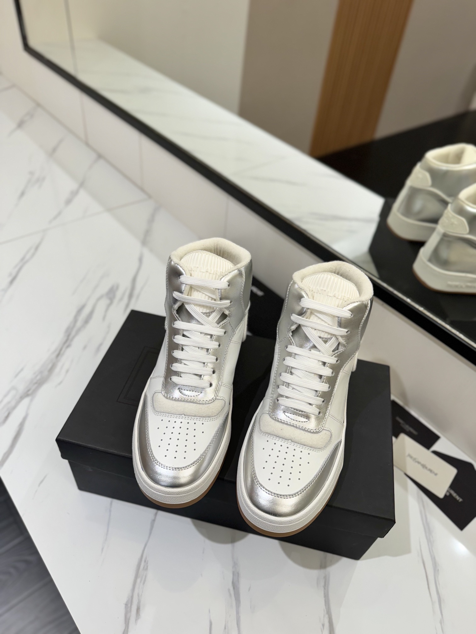 YSL SL61 Leather High-Top Sneakers Silver/White