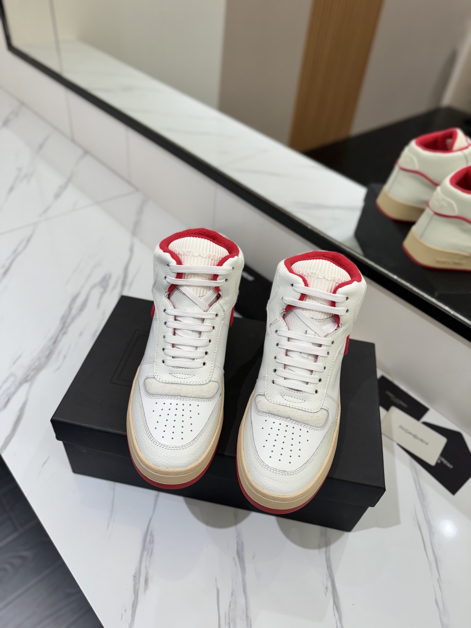 YSL SL61 Leather High-Top Sneakers White/Red