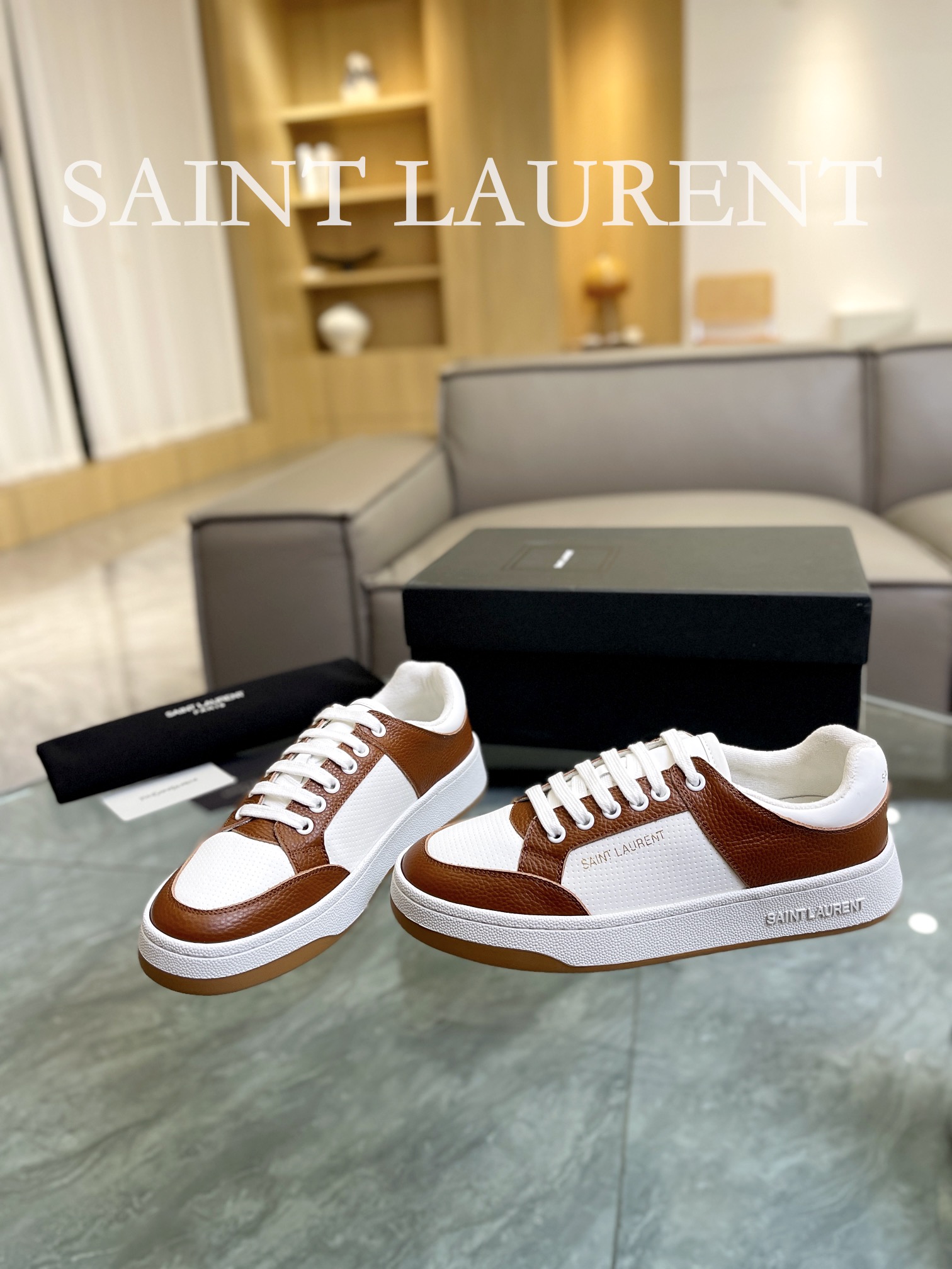 YSL SL61 Leather Sneakers Brown/White