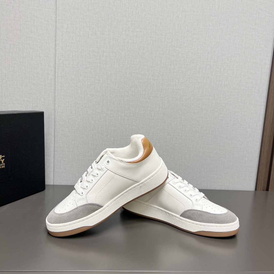 YSL SL/61 Low-Top Leather Sneakers White/Grey/Tan