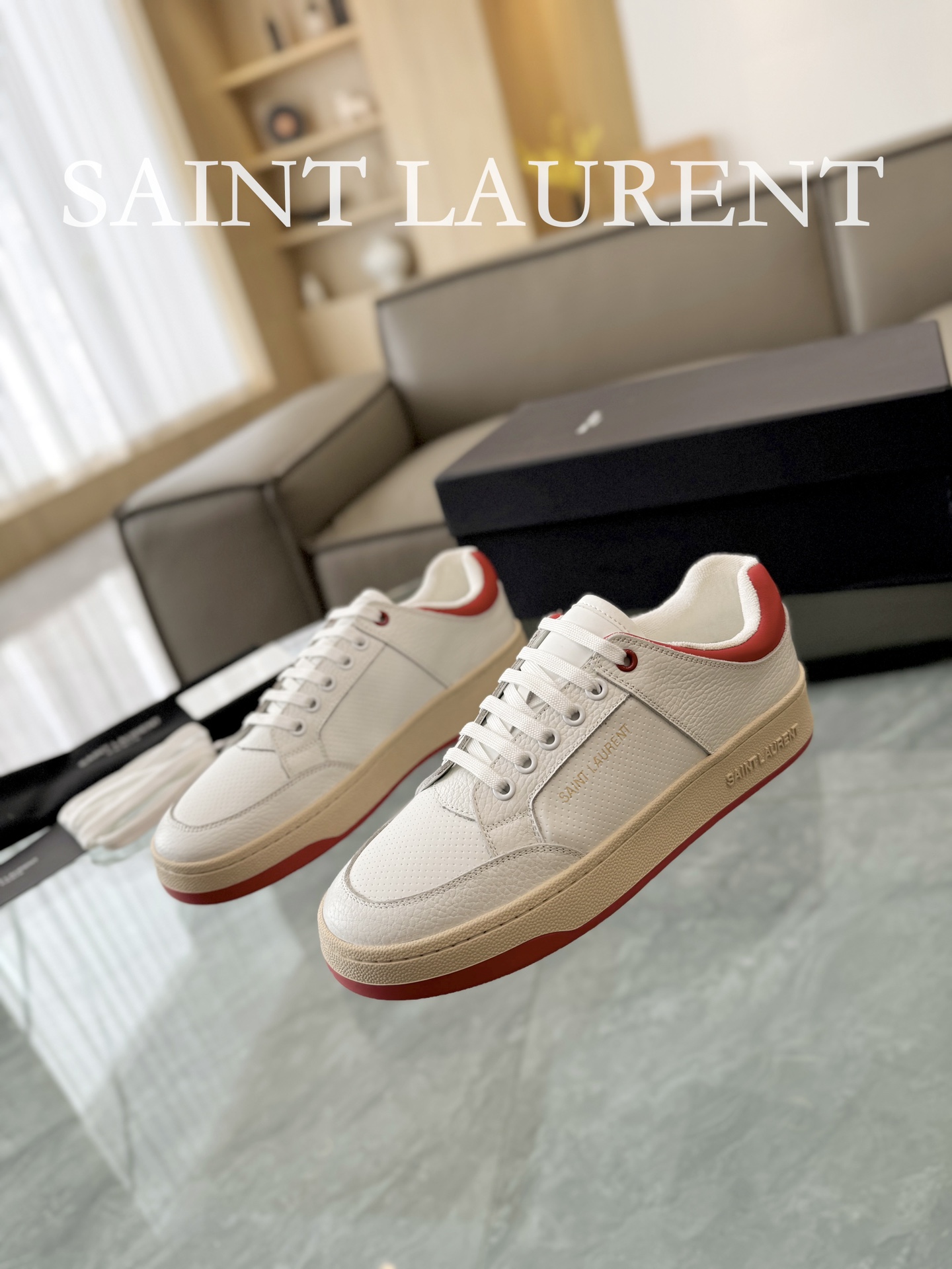 YSL SL61 Leather Low-Top Sneakers White/Red