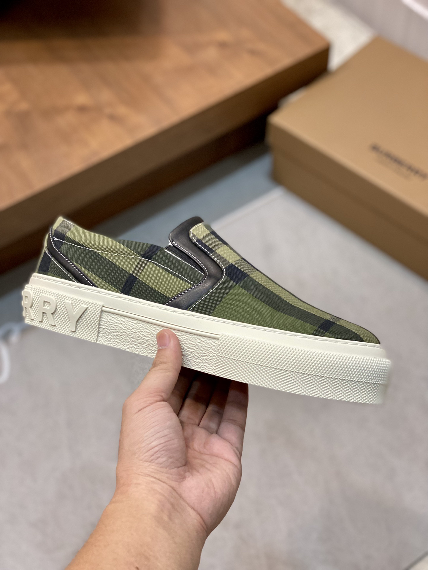 Burberry Check Slip-On Sneakers Olive