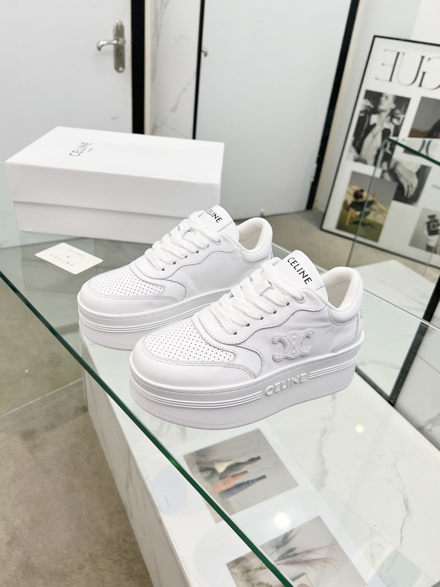 CELINE Triomphe Wedge Platform Sneakers White