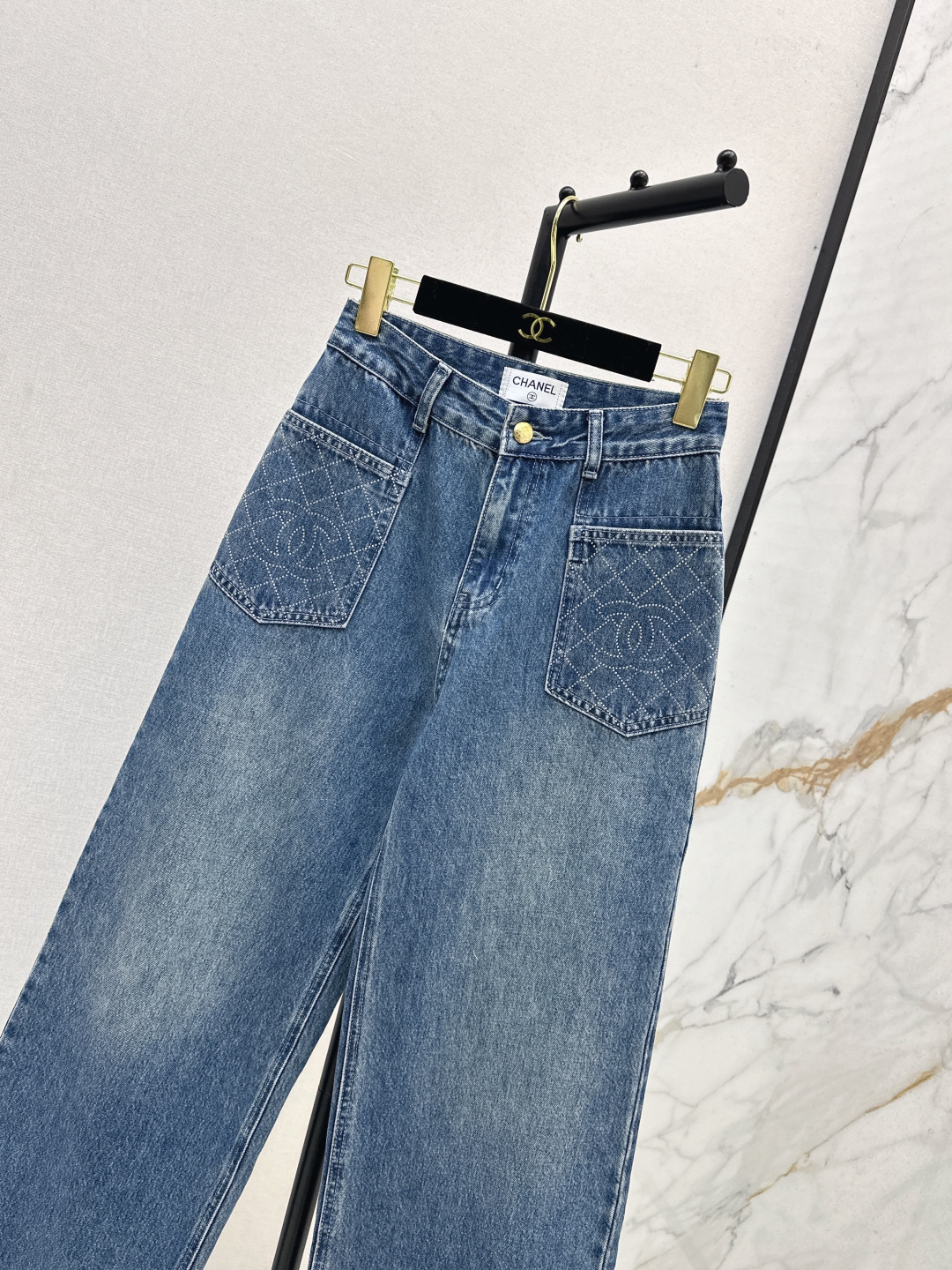 Chanel Logo Quilted Straight Jeans Blue