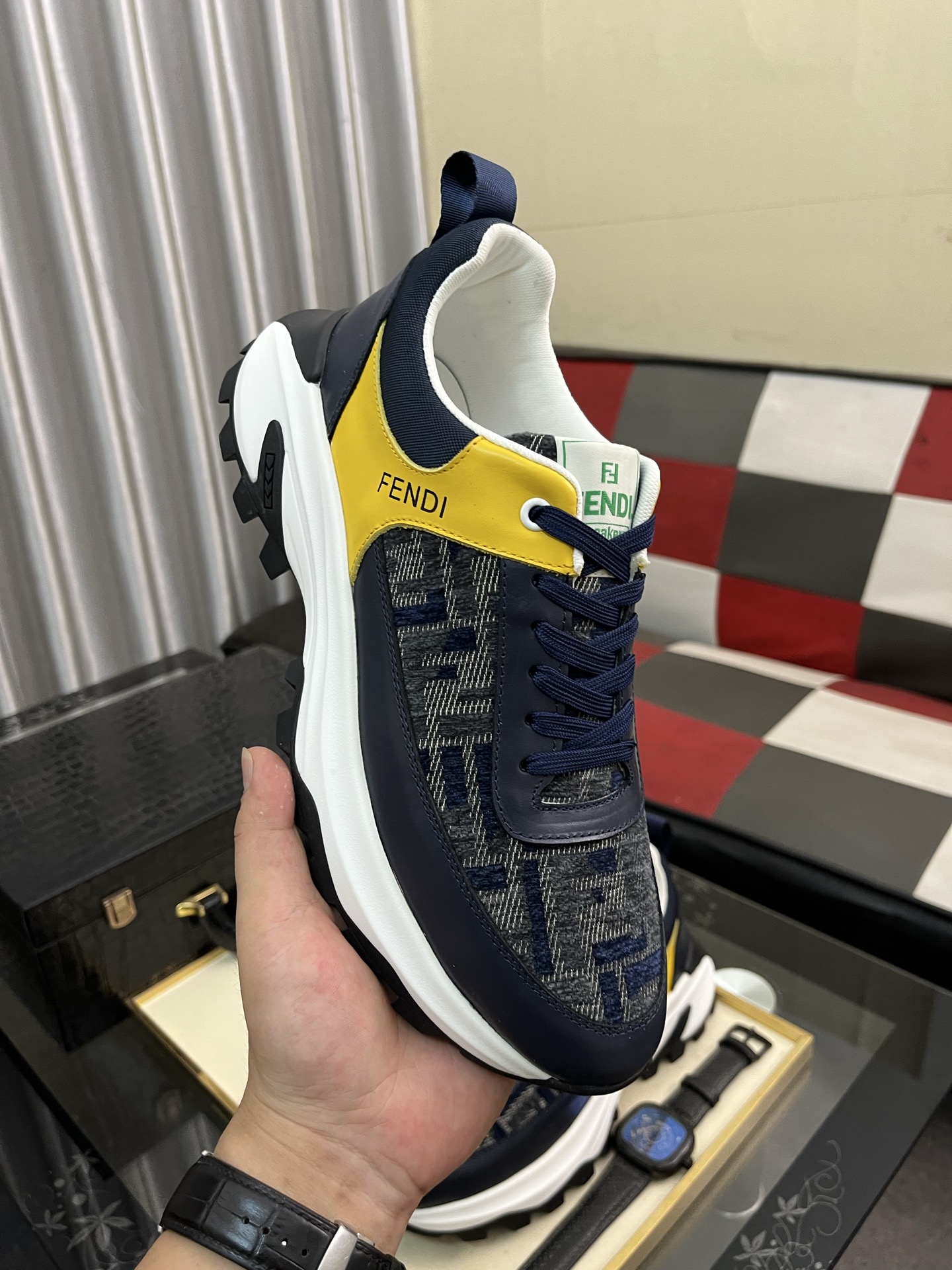 Fendi Leather Chunky Sneakers Navy/Yellow